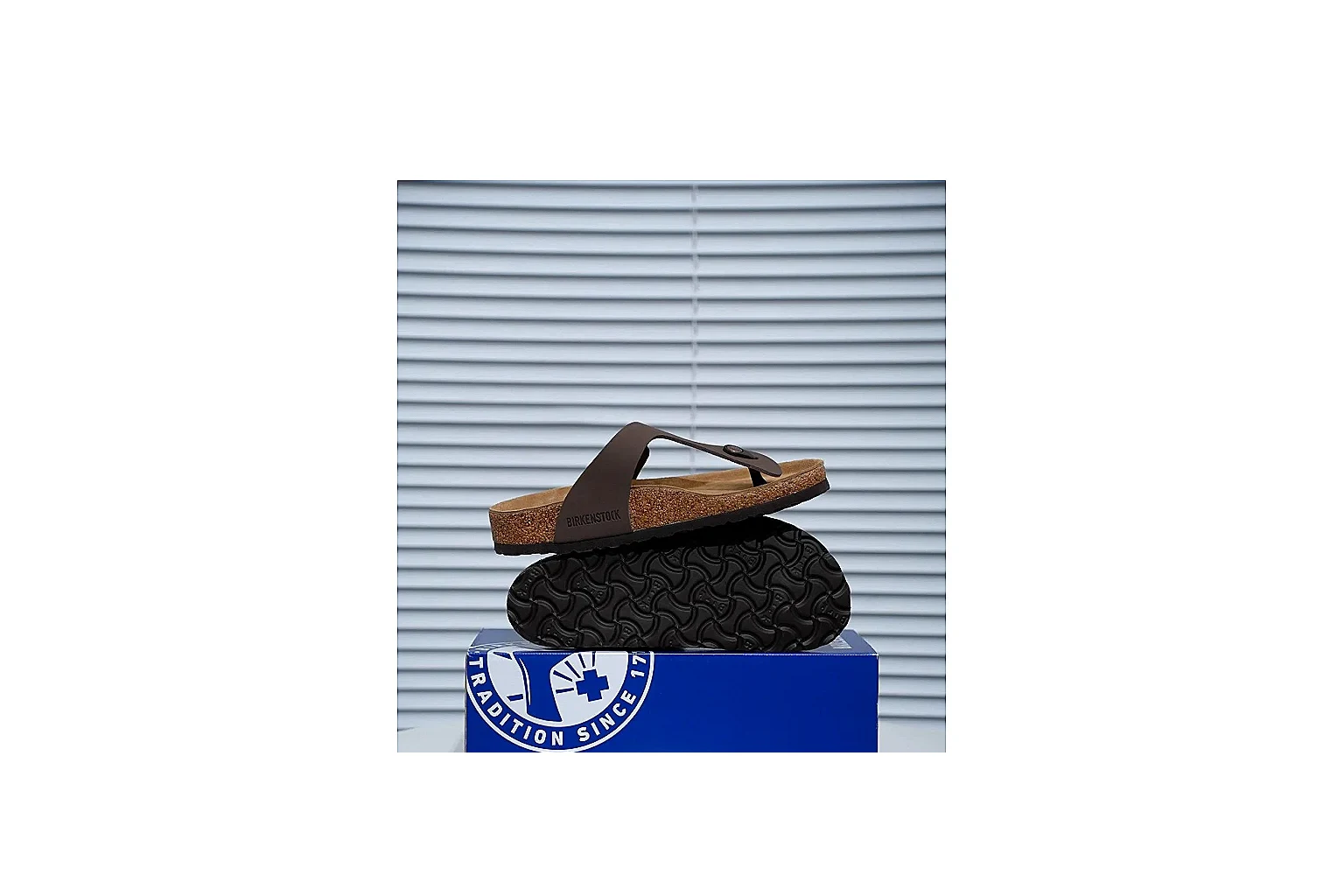 Birkenstock Brown Buckle Cork Slide shopping brief image showing wide strap, large metal buckle and contoured footbed for classic relaxed styling thumbnail 5