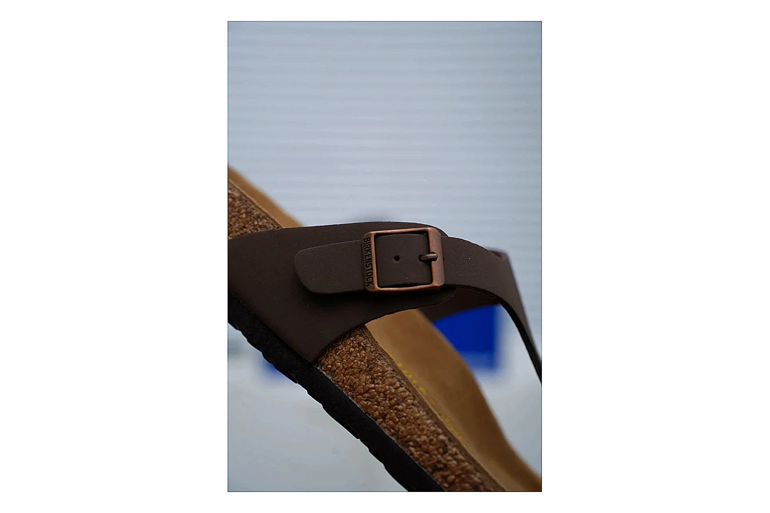 Birkenstock Brown Buckle Cork Slide shopping brief image showing wide strap, large metal buckle and contoured footbed for classic relaxed styling thumbnail 6