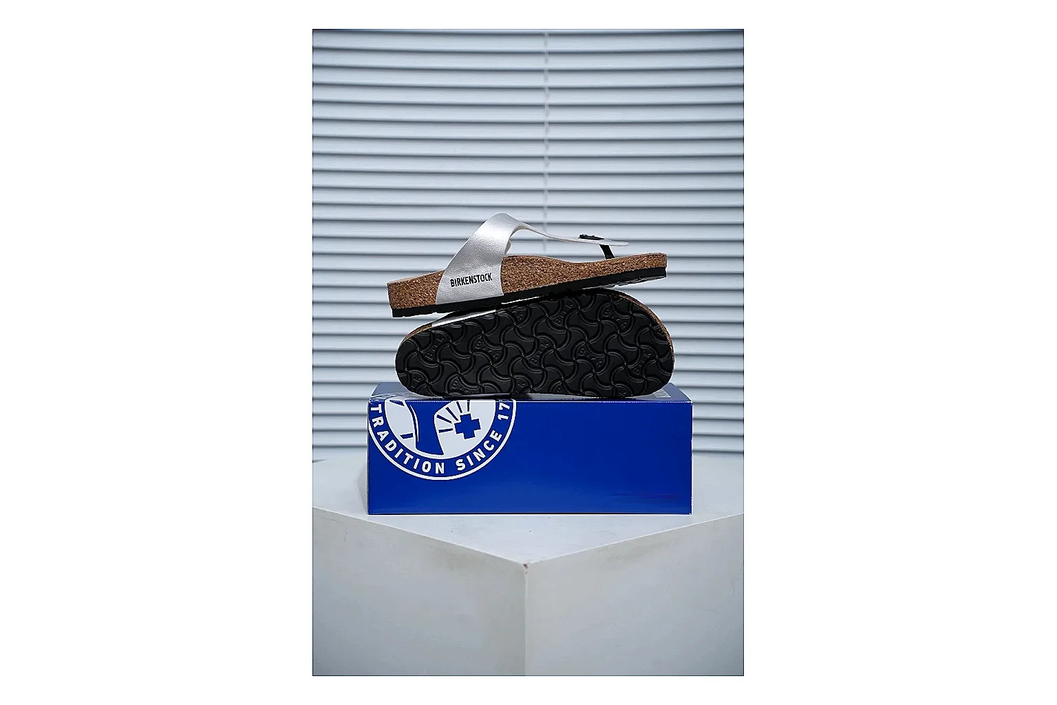 Birkenstock Cream Buckle Cork Slide shopping brief image showing wide strap, large metal buckle and contoured footbed for simple summer comfort thumbnail 5