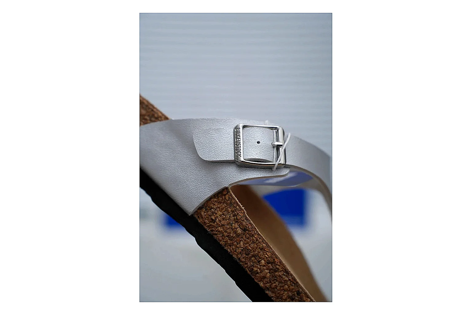 Birkenstock Cream Buckle Cork Slide shopping brief image showing wide strap, large metal buckle and contoured footbed for simple summer comfort thumbnail 6