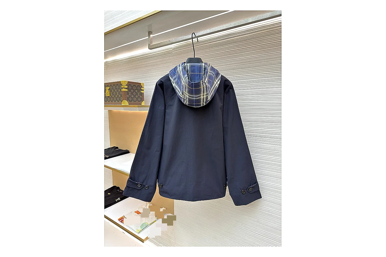 Burberry Reversible Hooded Jacket Navy Check Jacket shopping brief image showing navy reversible hooded check jacket with nylon-cotton texture, hood structure, zipper line, sleeve cuffs, and light shell shape