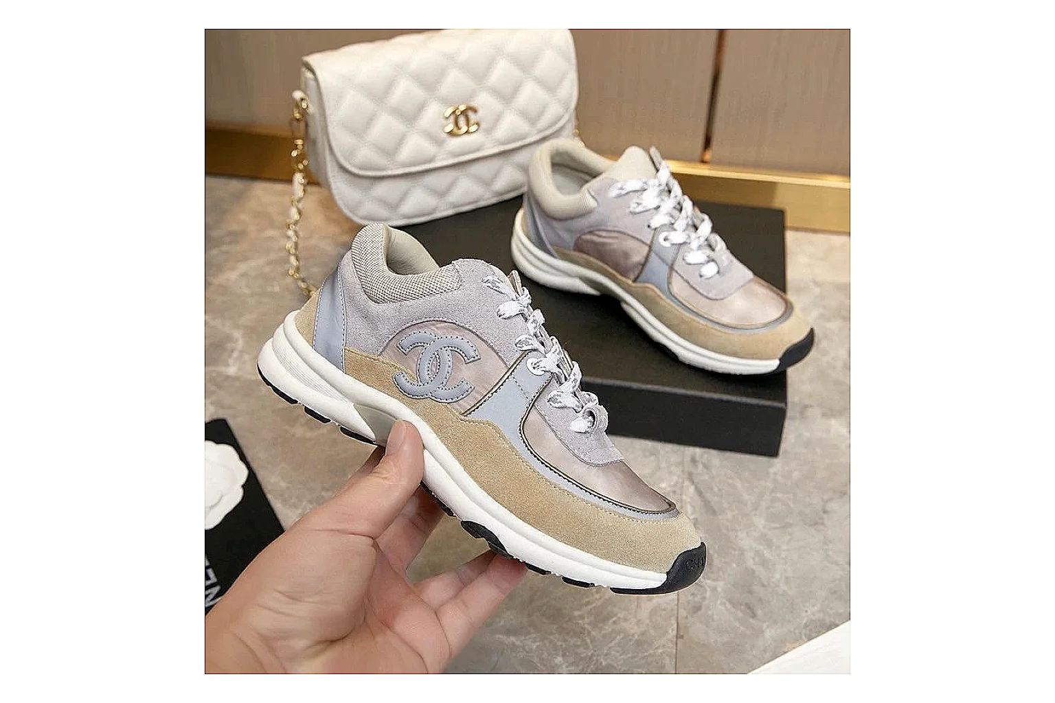 GogoBuy agent brief photos for Chanel Gray Pink Runner Sneaker thumbnail 3