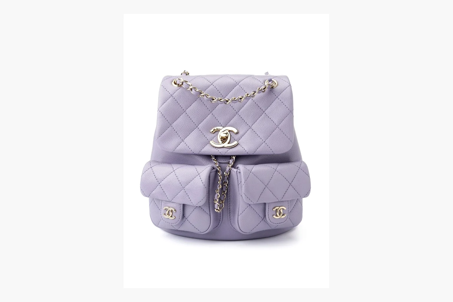 Chanel Lavender Quilted Backpack shopping brief photo showing lavender quilted leather backpack body, gold hardware, chain shoulder straps, rounded base, and compact flap structure