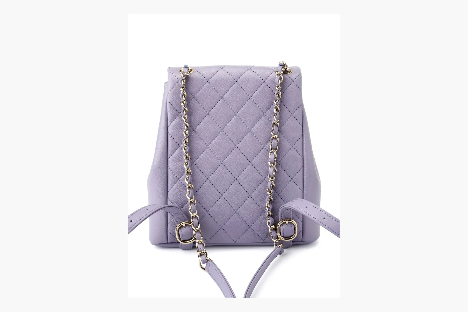 Chanel Lavender Quilted Backpack shopping brief photo showing lavender quilted leather backpack body, gold hardware, chain shoulder straps, rounded base, and compact flap structure thumbnail 2