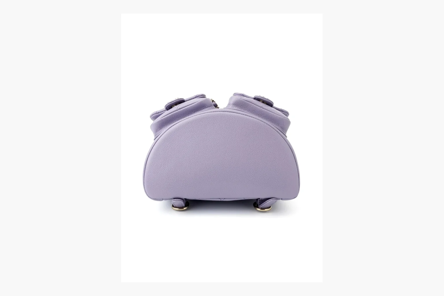 Chanel Lavender Quilted Backpack shopping brief photo showing lavender quilted leather backpack body, gold hardware, chain shoulder straps, rounded base, and compact flap structure thumbnail 3