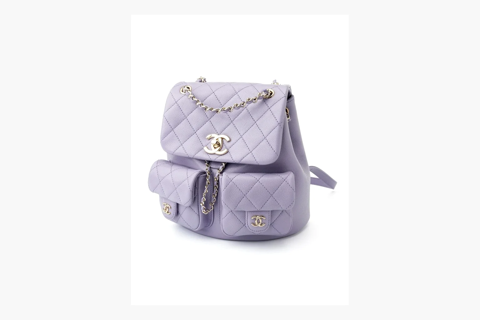 Chanel Lavender Quilted Backpack shopping brief photo showing lavender quilted leather backpack body, gold hardware, chain shoulder straps, rounded base, and compact flap structure thumbnail 4