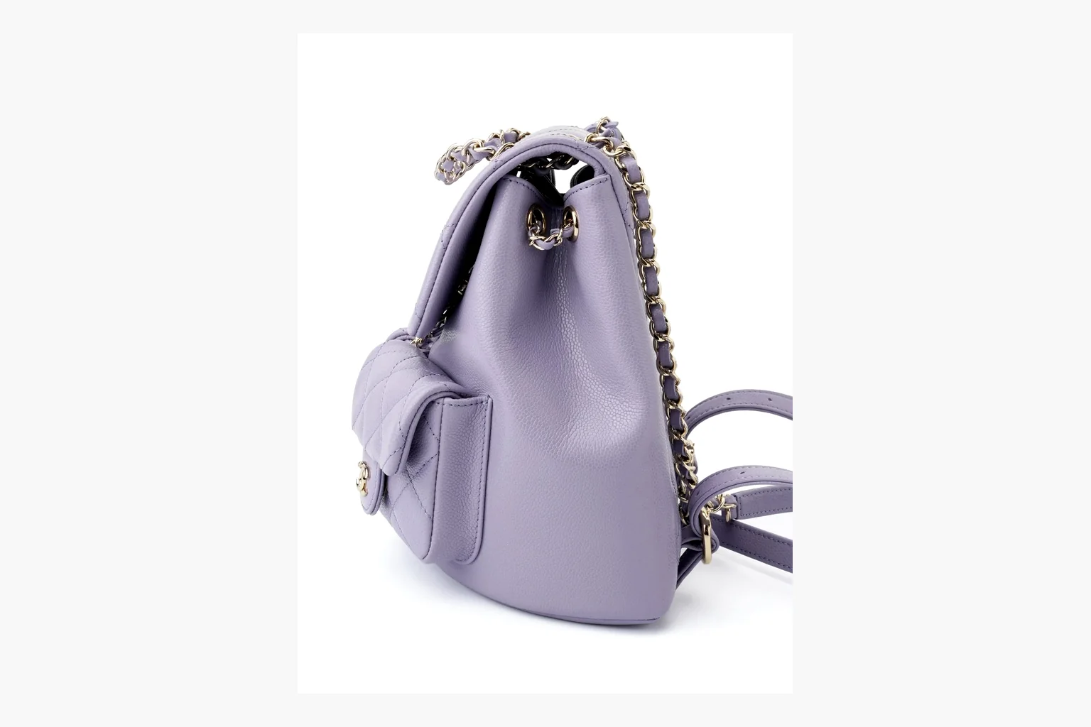 Chanel Lavender Quilted Backpack shopping brief photo showing lavender quilted leather backpack body, gold hardware, chain shoulder straps, rounded base, and compact flap structure thumbnail 5