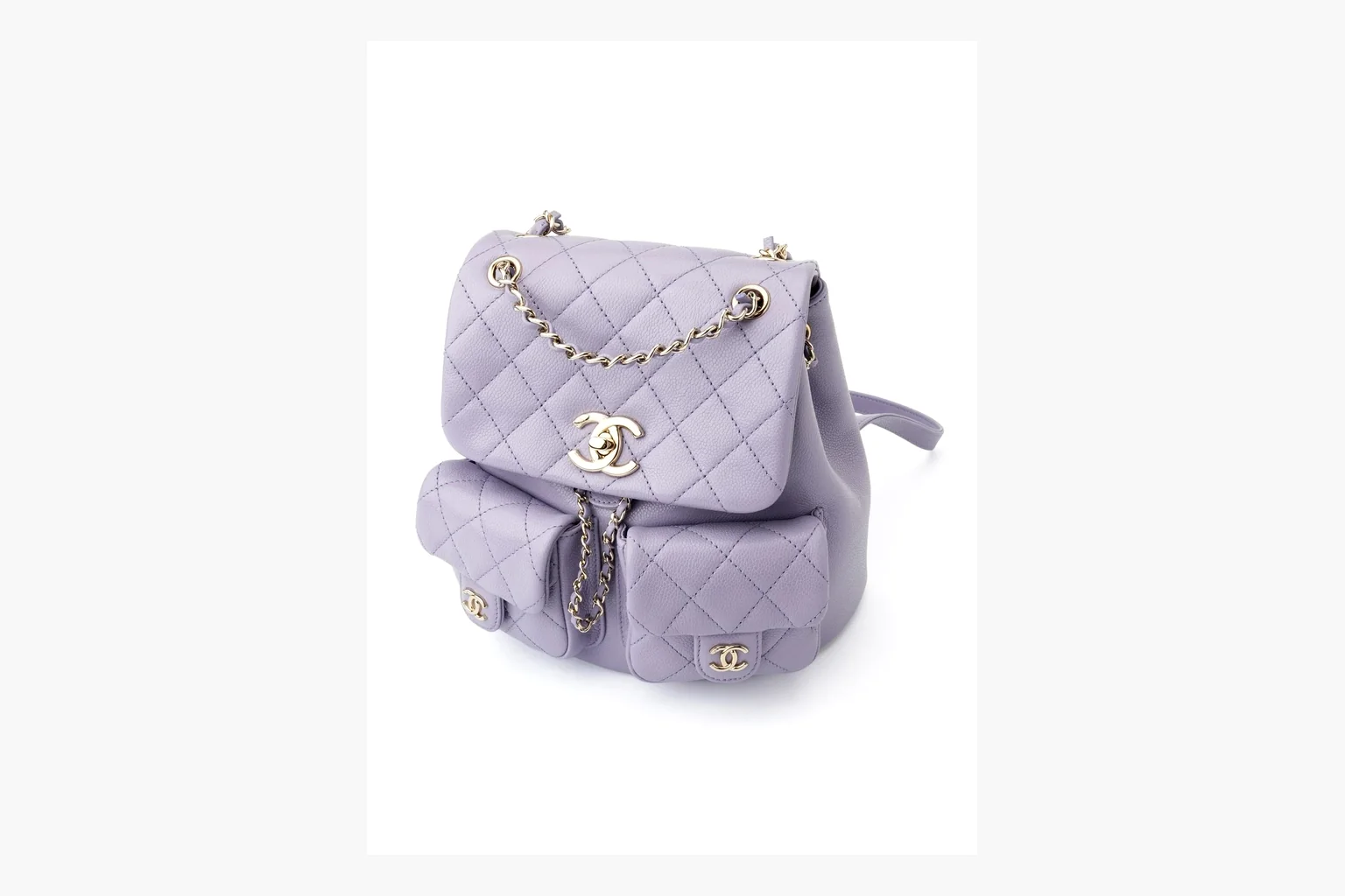 Chanel Lavender Quilted Backpack shopping brief photo showing lavender quilted leather backpack body, gold hardware, chain shoulder straps, rounded base, and compact flap structure thumbnail 6