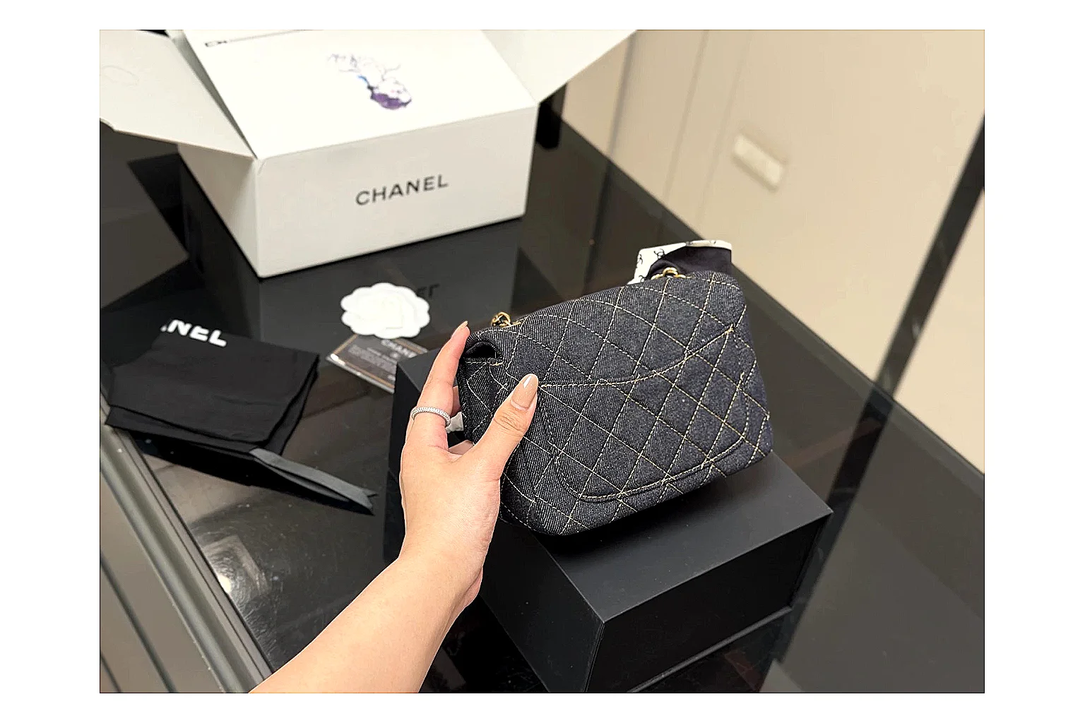 Chanel Quilted Chain Bag Black shopping brief photo showing black quilted leather body, chain shoulder strap, flap structure, and polished hardware thumbnail 3