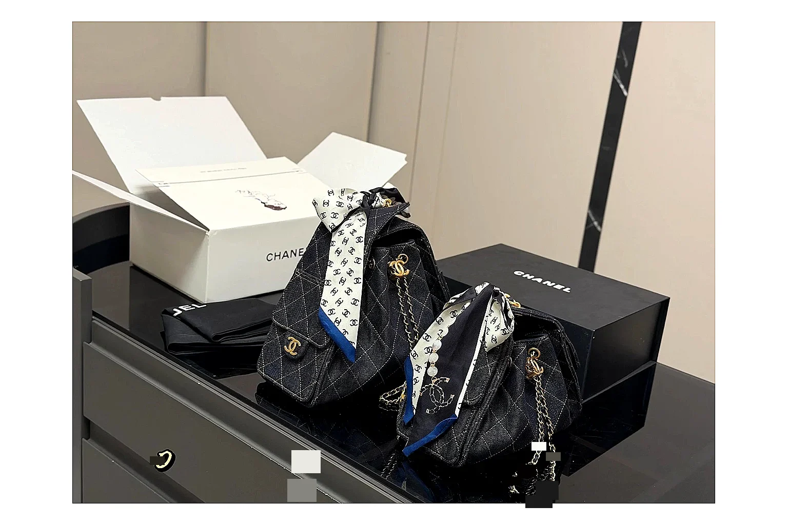 Chanel Quilted Chain Bag Black Blue shopping brief photo showing black blue quilted leather body, chain shoulder strap, flap structure, and polished luxury-bag hardware