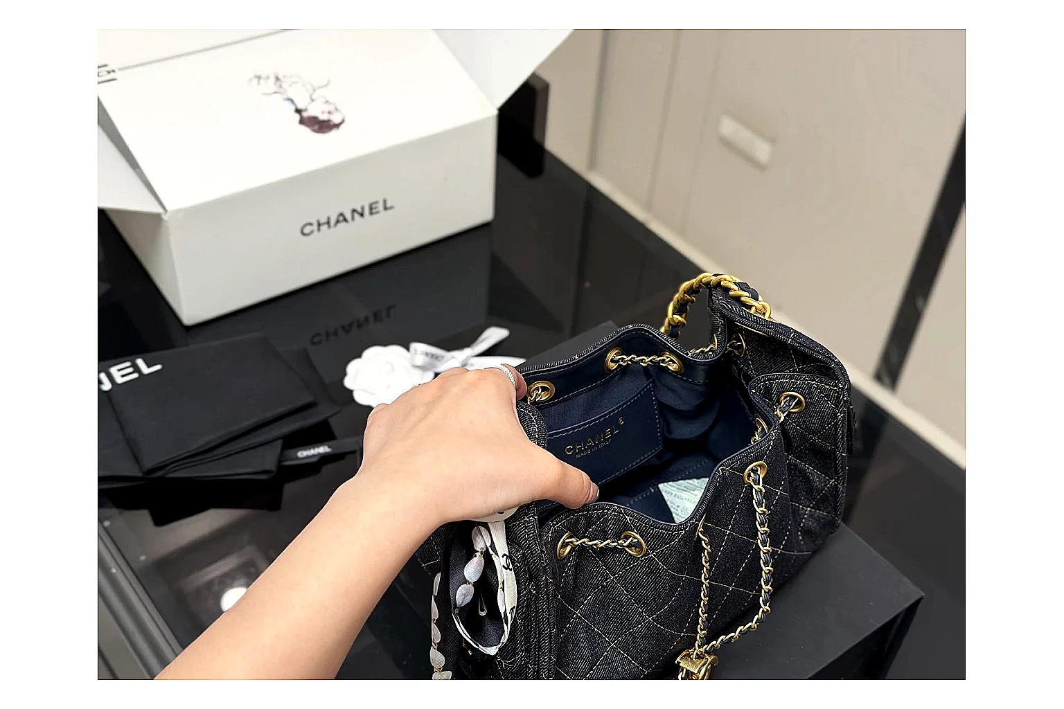 Chanel Quilted Chain Bag Black Blue shopping brief photo showing black blue quilted leather body, chain shoulder strap, flap structure, and polished luxury-bag hardware thumbnail 2