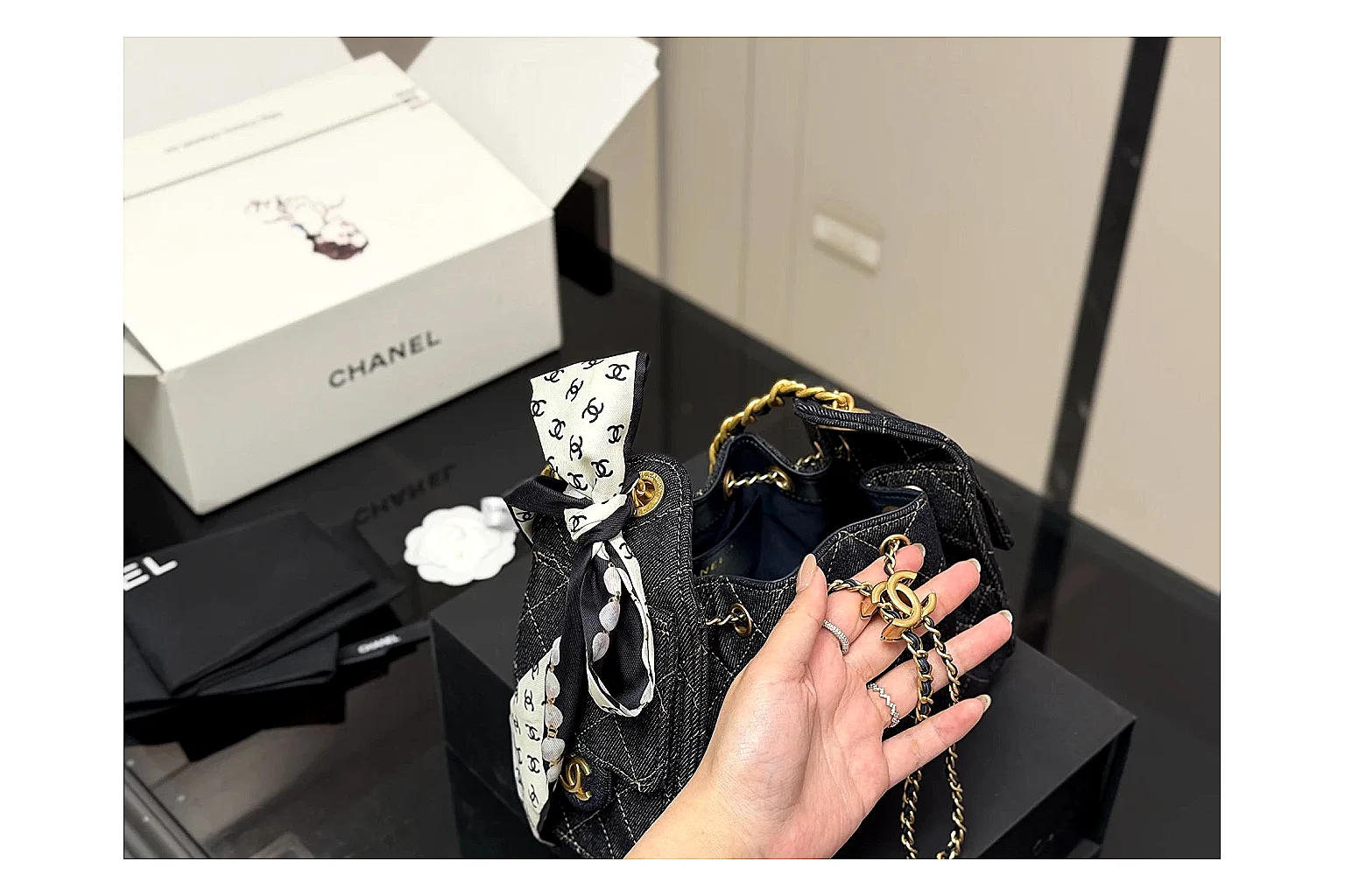 Chanel Quilted Chain Bag Black Blue shopping brief photo showing black blue quilted leather body, chain shoulder strap, flap structure, and polished luxury-bag hardware thumbnail 5