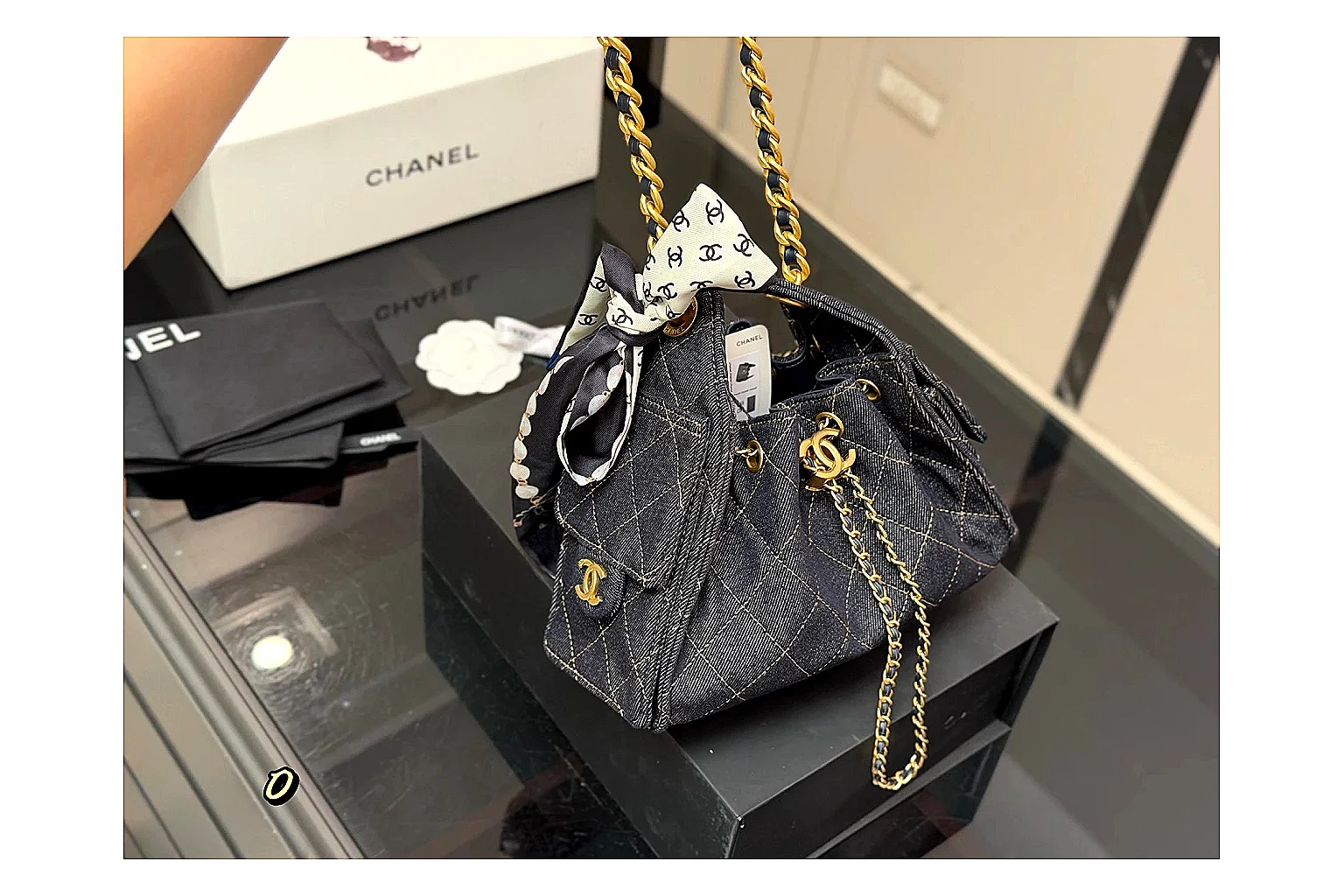 Chanel Quilted Chain Bag Black Blue shopping brief photo showing black blue quilted leather body, chain shoulder strap, flap structure, and polished luxury-bag hardware thumbnail 6