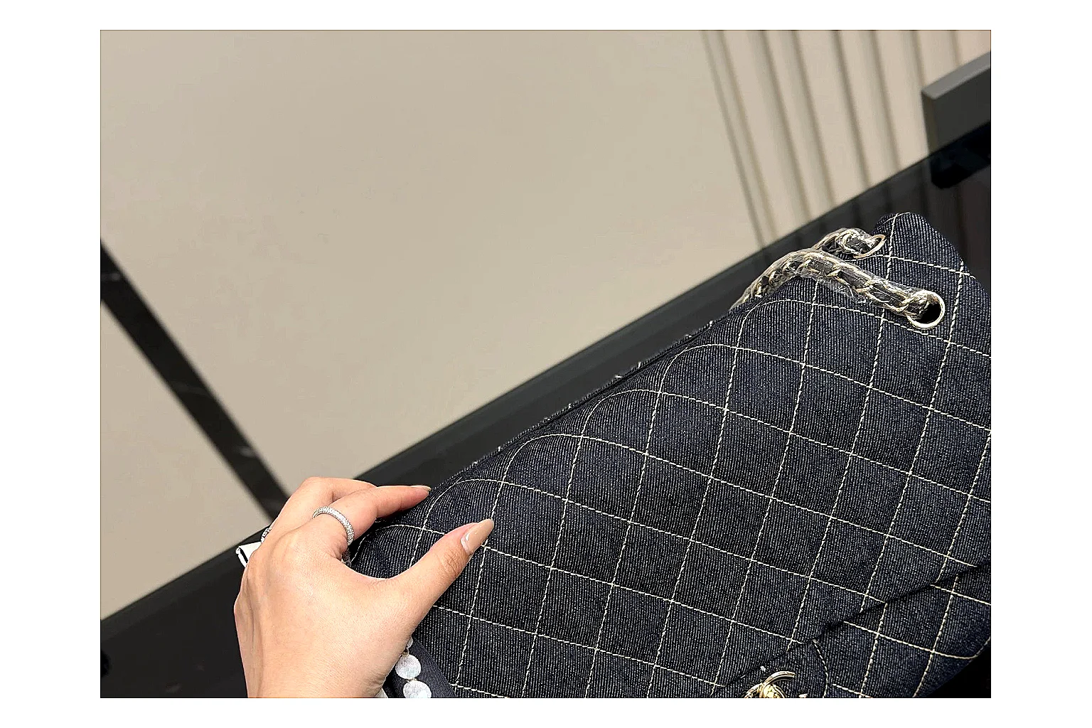 Chanel Quilted Flap Bag Black Denim shopping brief photo showing black denim-look quilted flap body, shoulder-bag shape, chain strap, and polished hardware thumbnail 5