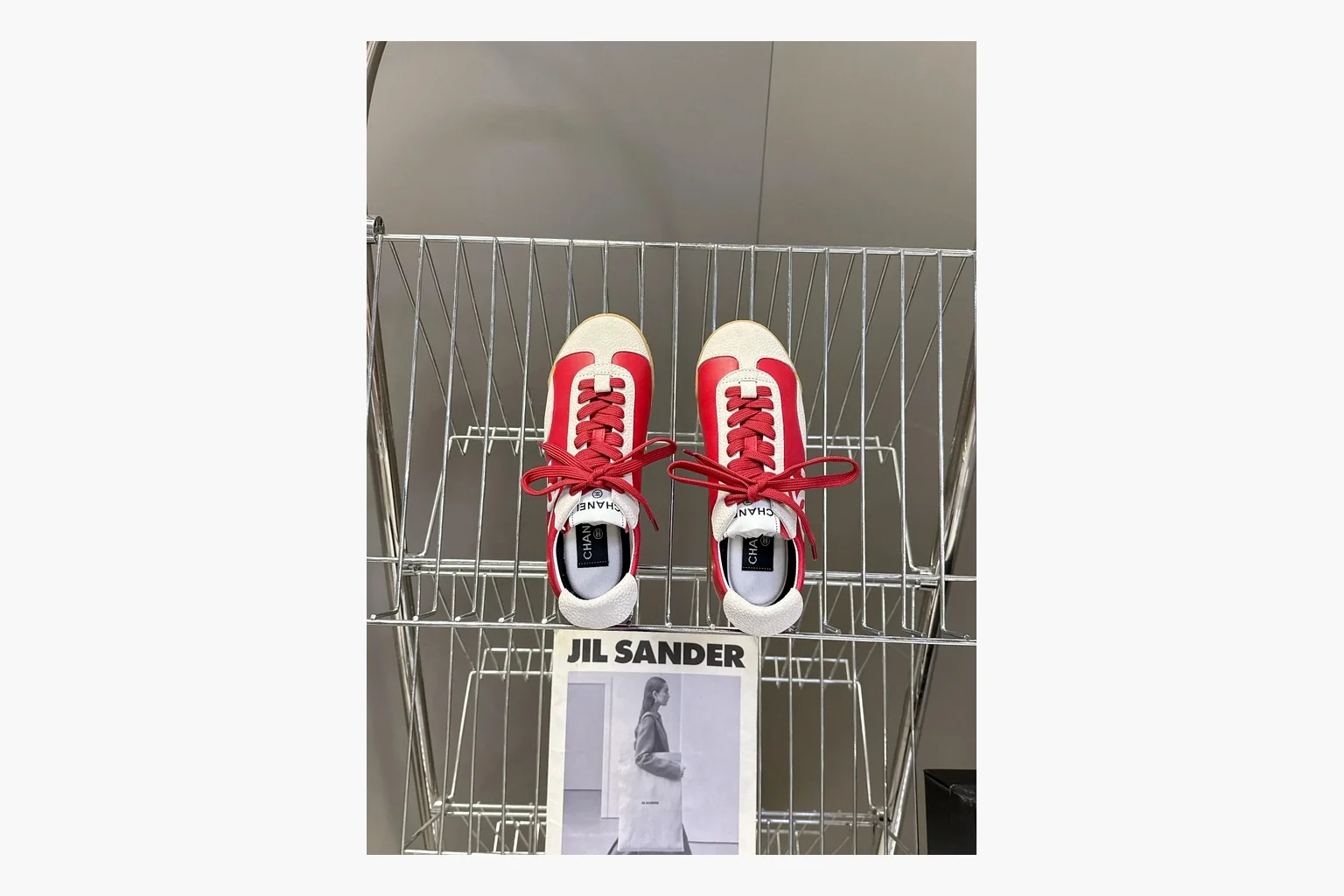 Chanel Red White Platform Sneaker shopping brief photo showing red and white low-top upper, platform sole, leather-suede panel mix, box views, and rounded casual sneaker shape thumbnail 2