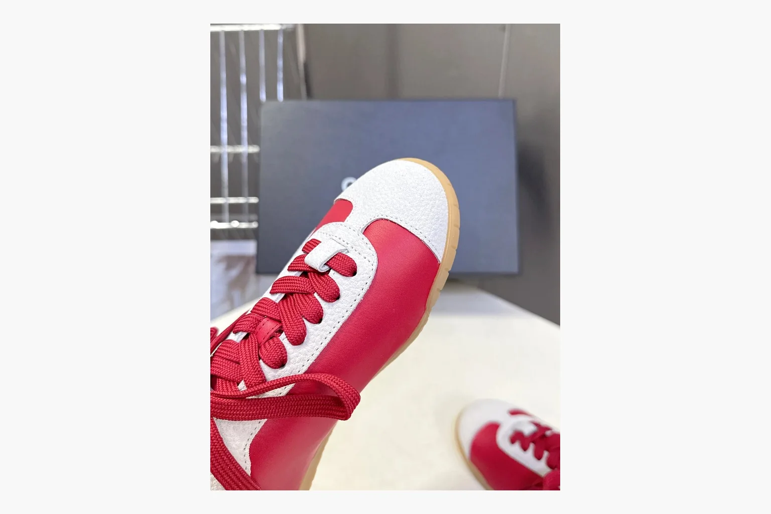 Chanel Red White Platform Sneaker shopping brief photo showing red and white low-top upper, platform sole, leather-suede panel mix, box views, and rounded casual sneaker shape thumbnail 3