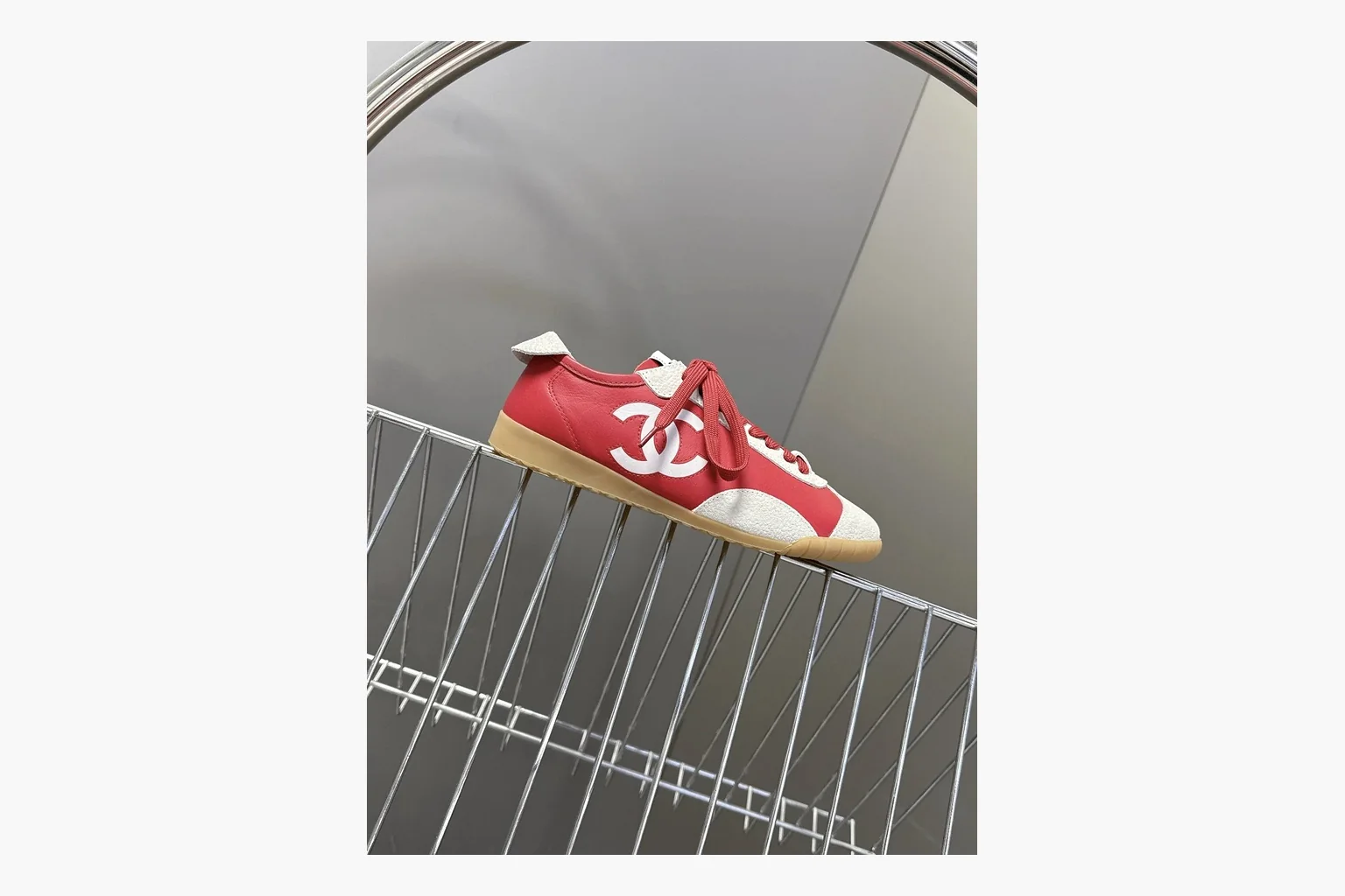 Chanel Red White Platform Sneaker shopping brief photo showing red and white low-top upper, platform sole, leather-suede panel mix, box views, and rounded casual sneaker shape thumbnail 6