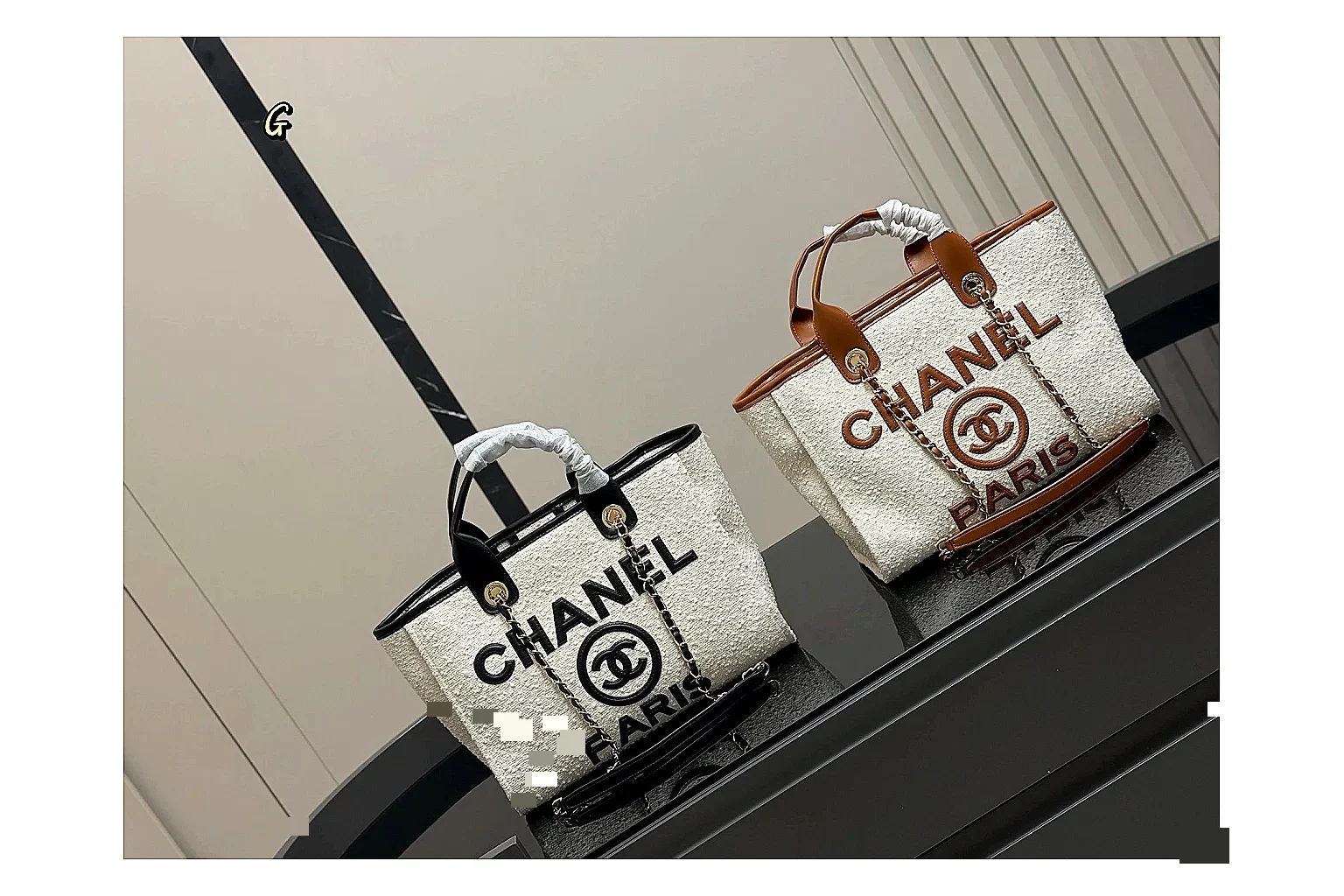Chanel Tote Bag White Black shopping brief photo showing white black canvas-leather tote body, open carry shape, structured handles, and branded luxury-bag details