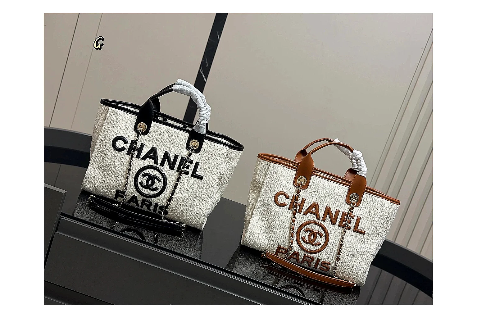 Chanel Tote Bag White Black shopping brief photo showing white black canvas-leather tote body, open carry shape, structured handles, and branded luxury-bag details thumbnail 4