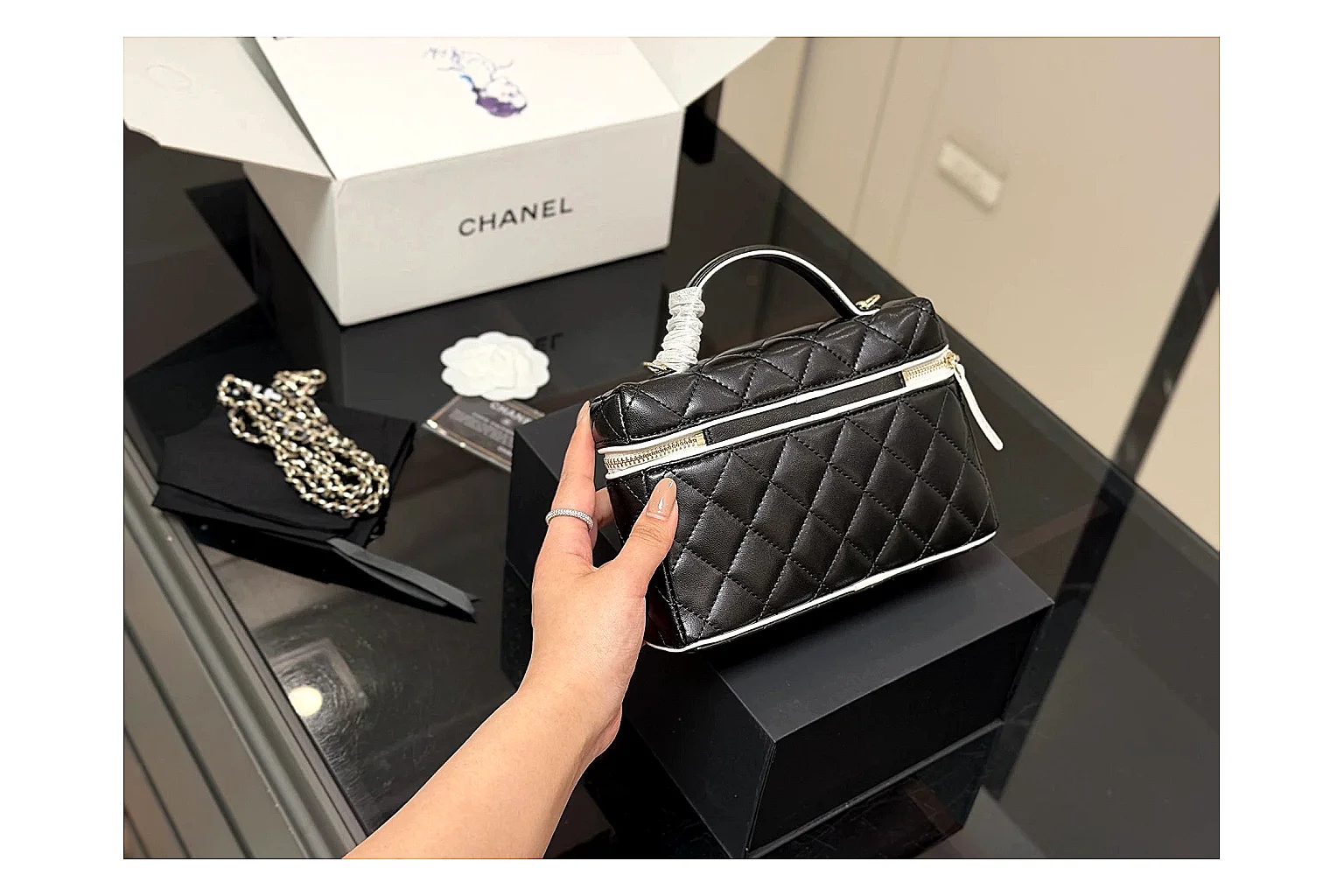 Chanel Wallet On Chain Black shopping brief photo showing black quilted leather wallet body, chain strap, flap closure, and compact shoulder-bag profile thumbnail 3