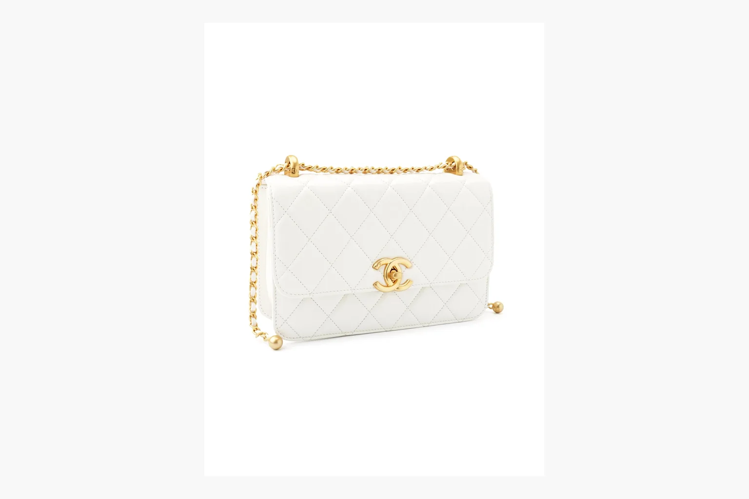 Chanel White Chain Flap Bag shopping brief photo showing white leather flap bag body, gold chain hardware, compact rectangular shape, side-view structure, and clean flap edge