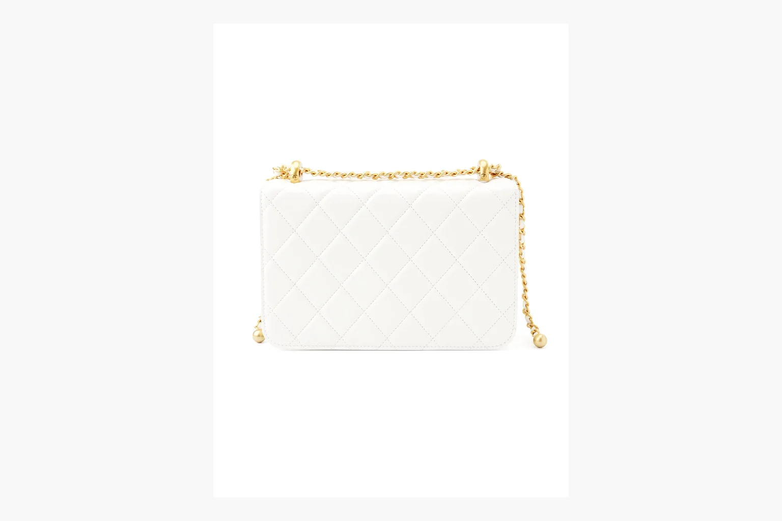 Chanel White Chain Flap Bag shopping brief photo showing white leather flap bag body, gold chain hardware, compact rectangular shape, side-view structure, and clean flap edge thumbnail 2
