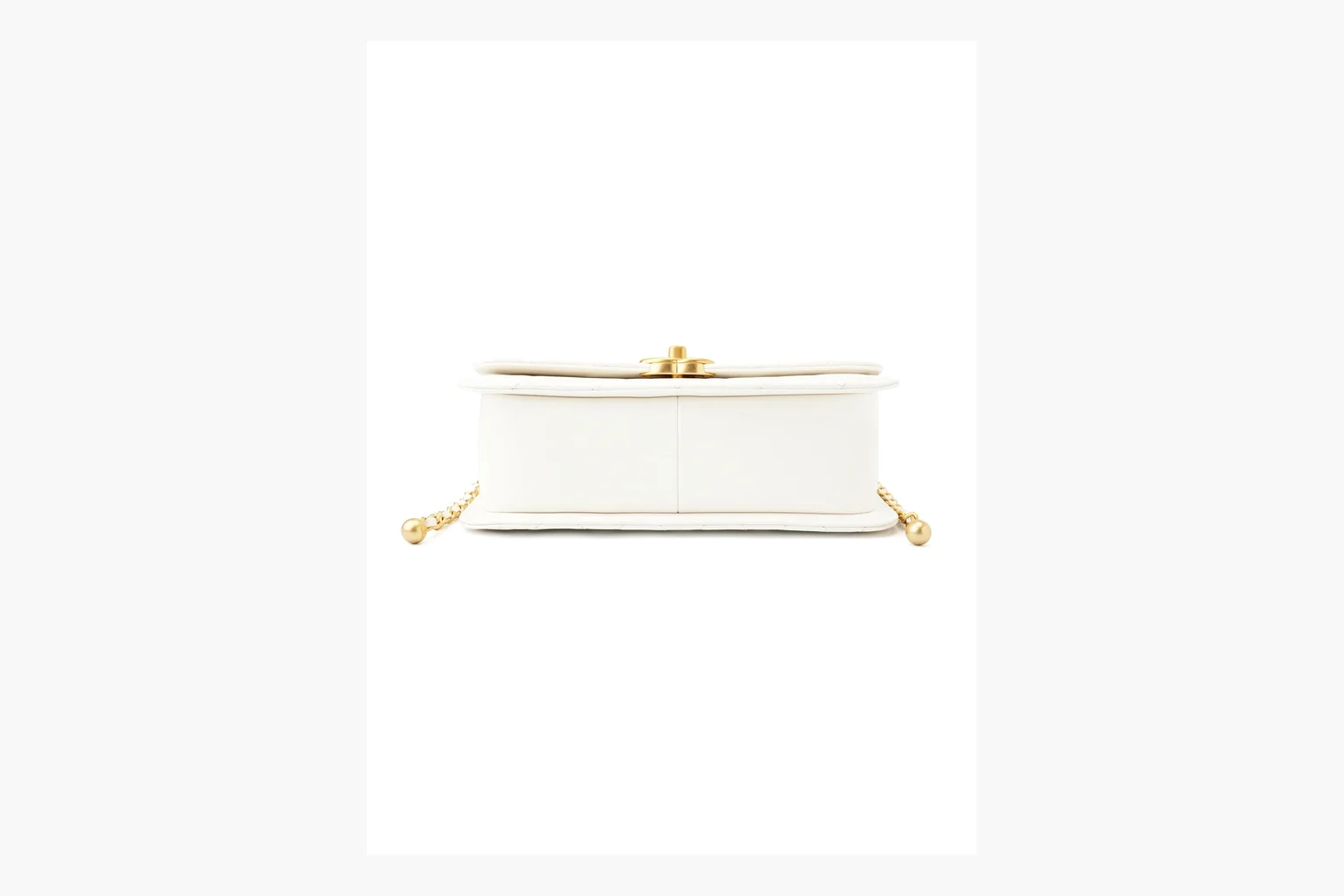 Chanel White Chain Flap Bag shopping brief photo showing white leather flap bag body, gold chain hardware, compact rectangular shape, side-view structure, and clean flap edge thumbnail 3