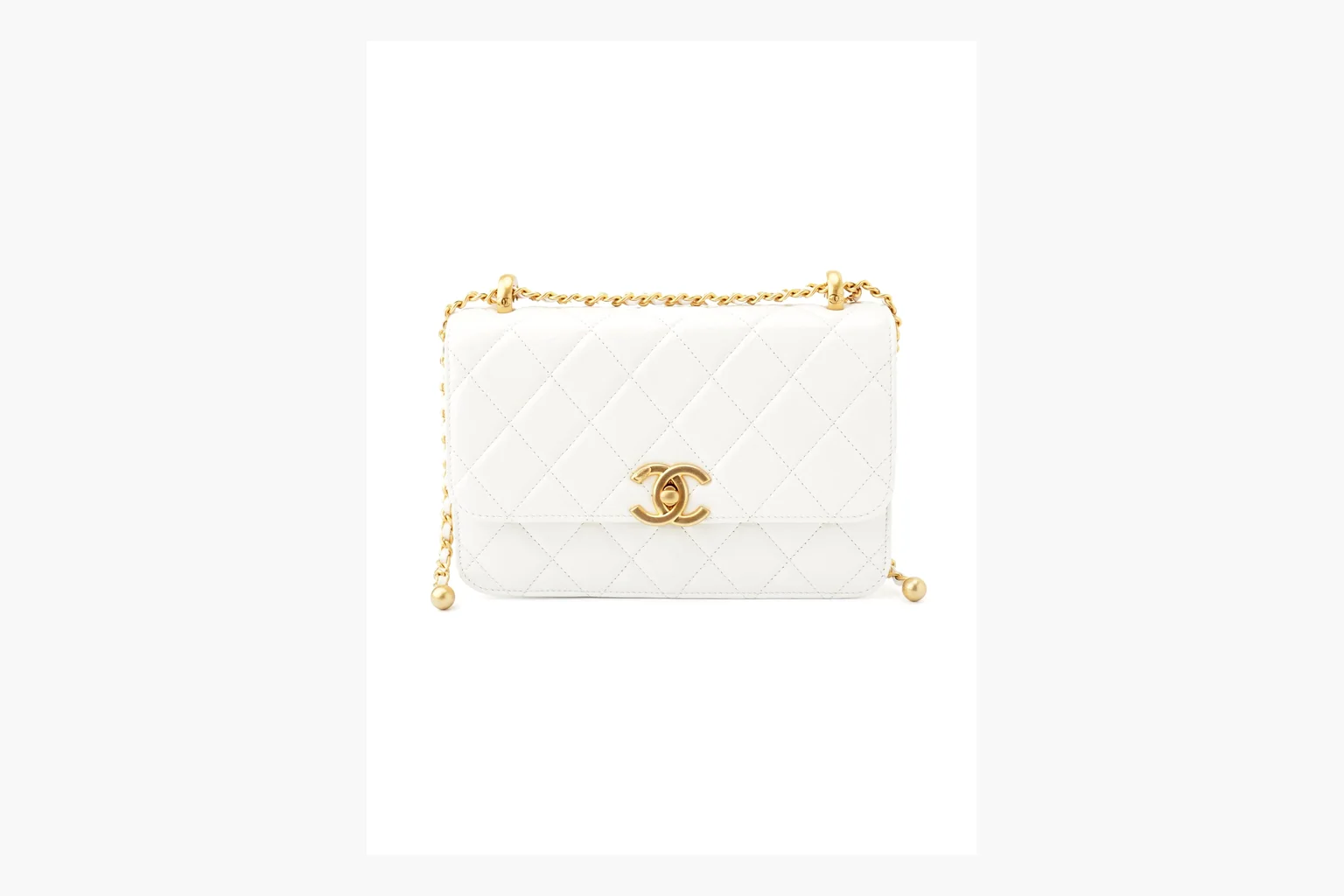Chanel White Chain Flap Bag shopping brief photo showing white leather flap bag body, gold chain hardware, compact rectangular shape, side-view structure, and clean flap edge thumbnail 4