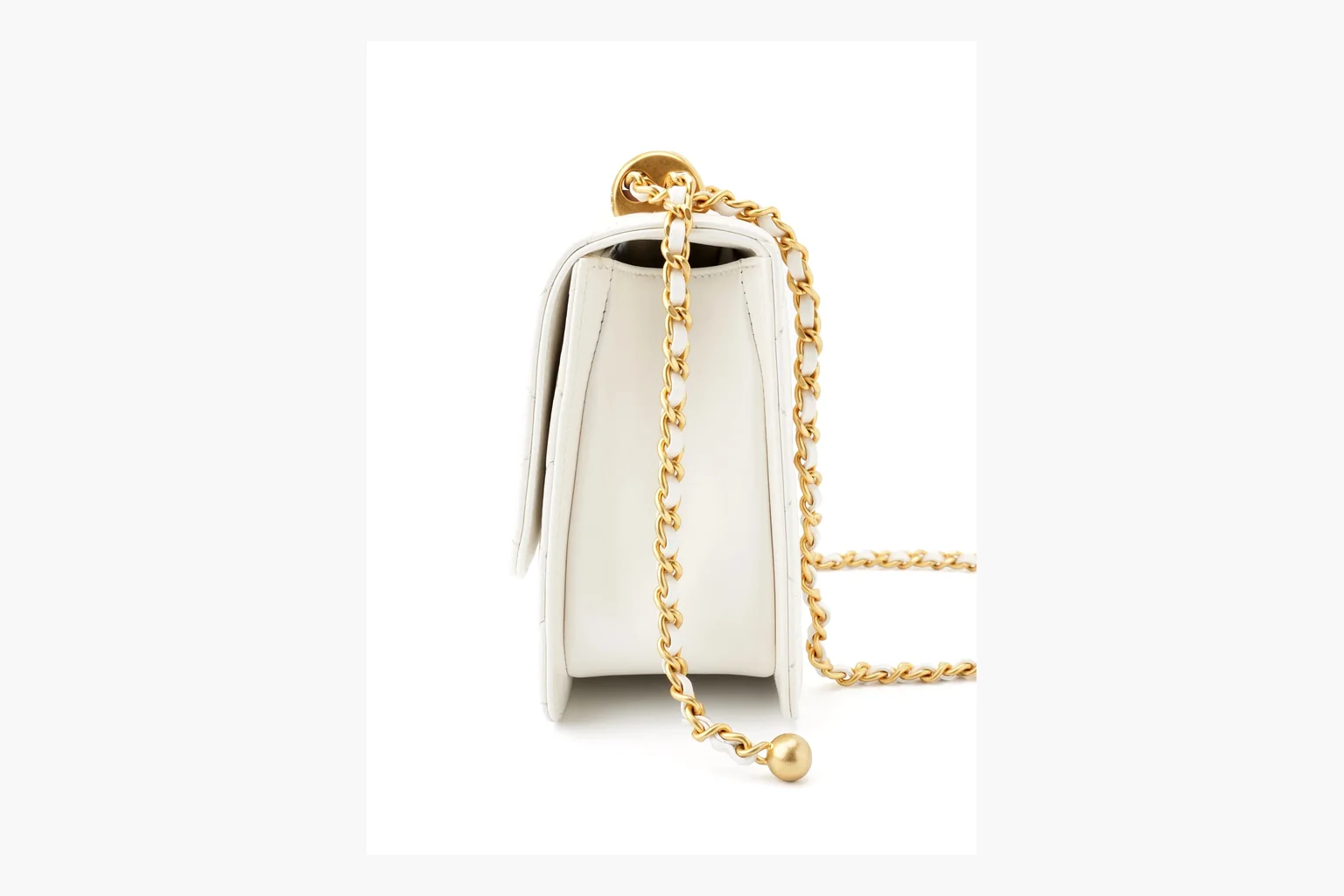 Chanel White Chain Flap Bag shopping brief photo showing white leather flap bag body, gold chain hardware, compact rectangular shape, side-view structure, and clean flap edge thumbnail 5