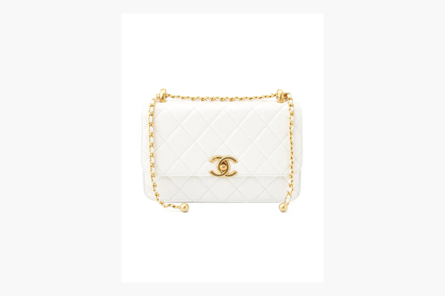 Chanel White Chain Flap Bag shopping brief photo showing white leather flap bag body, gold chain hardware, compact rectangular shape, side-view structure, and clean flap edge thumbnail 6