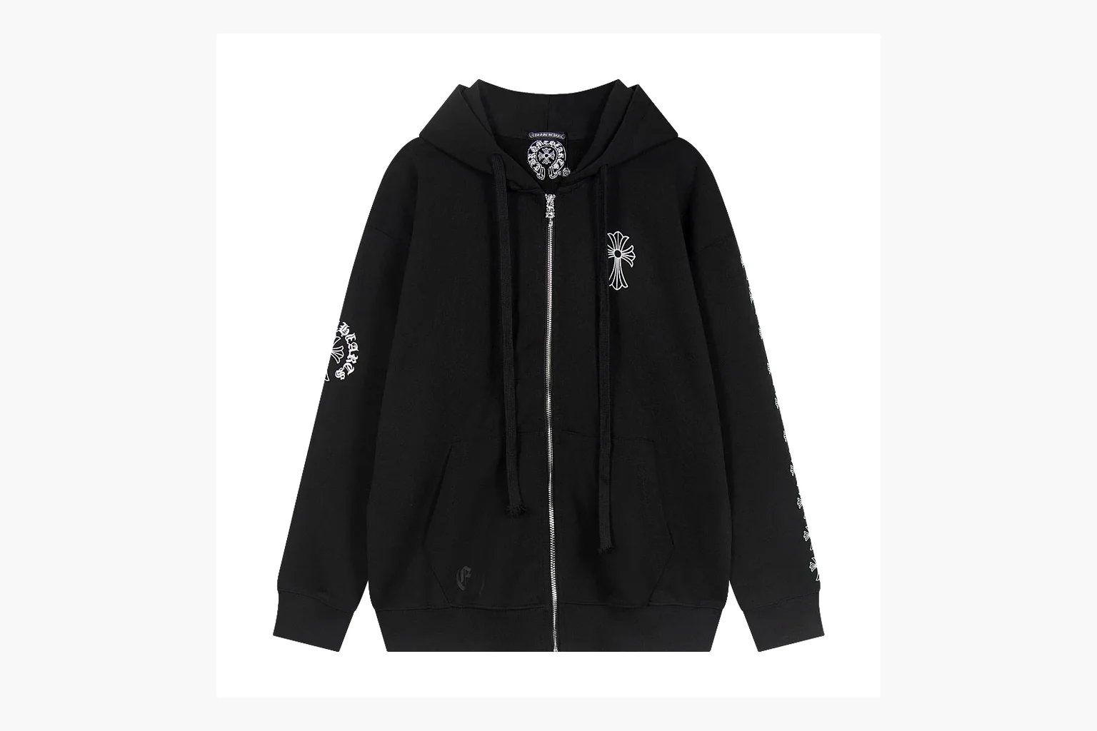 Chrome Hearts Cross Zip Hoodie Black shopping brief photo showing black cotton fleece zip hoodie, large back cross graphic, silver zipper pull, hood drawcords, and front pocket structure