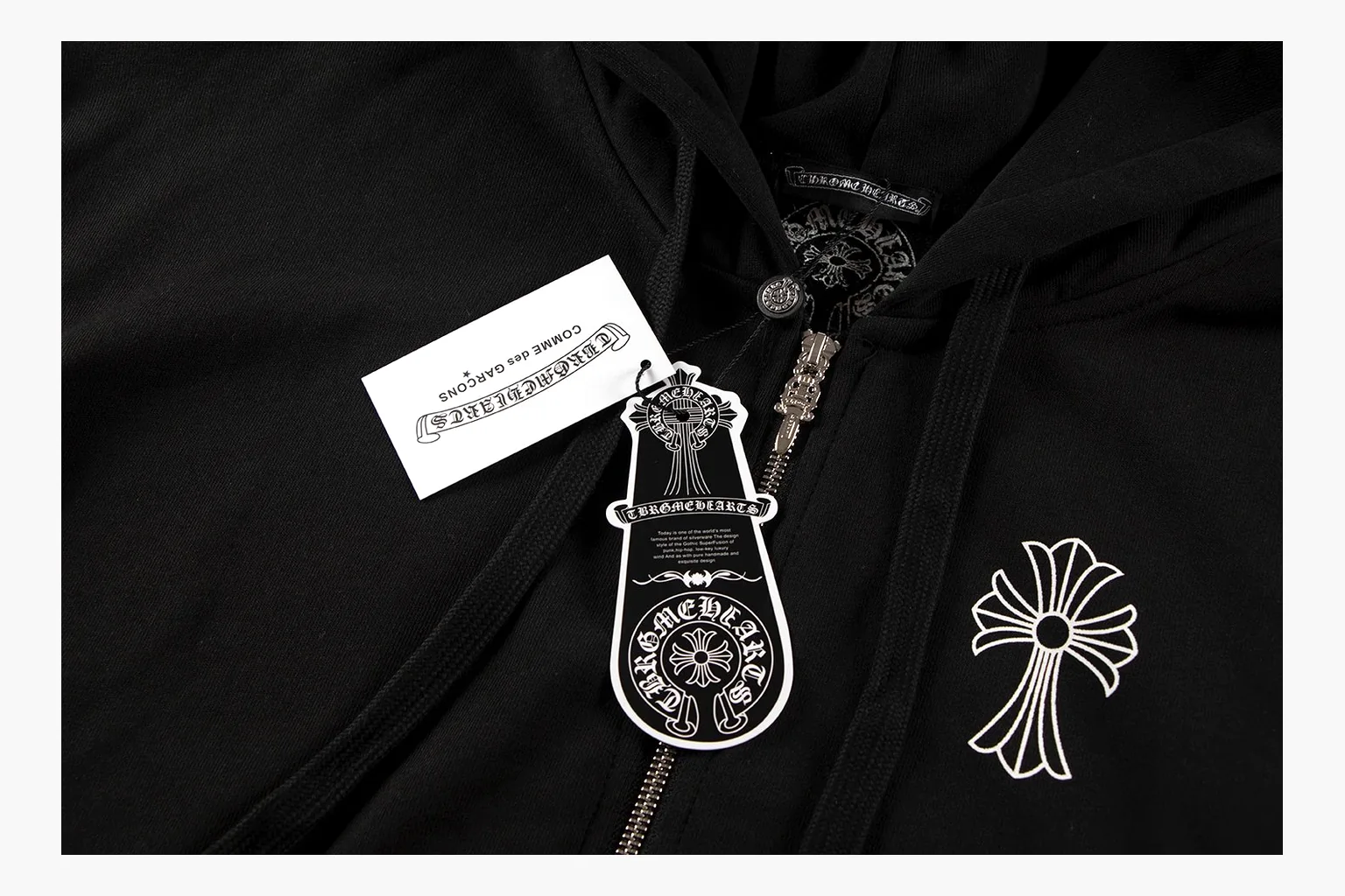 Chrome Hearts Cross Zip Hoodie Black shopping brief photo showing black cotton fleece zip hoodie, large back cross graphic, silver zipper pull, hood drawcords, and front pocket structure thumbnail 2