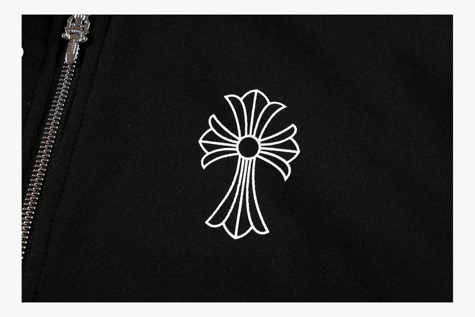 Chrome Hearts Cross Zip Hoodie Black shopping brief photo showing black cotton fleece zip hoodie, large back cross graphic, silver zipper pull, hood drawcords, and front pocket structure thumbnail 3