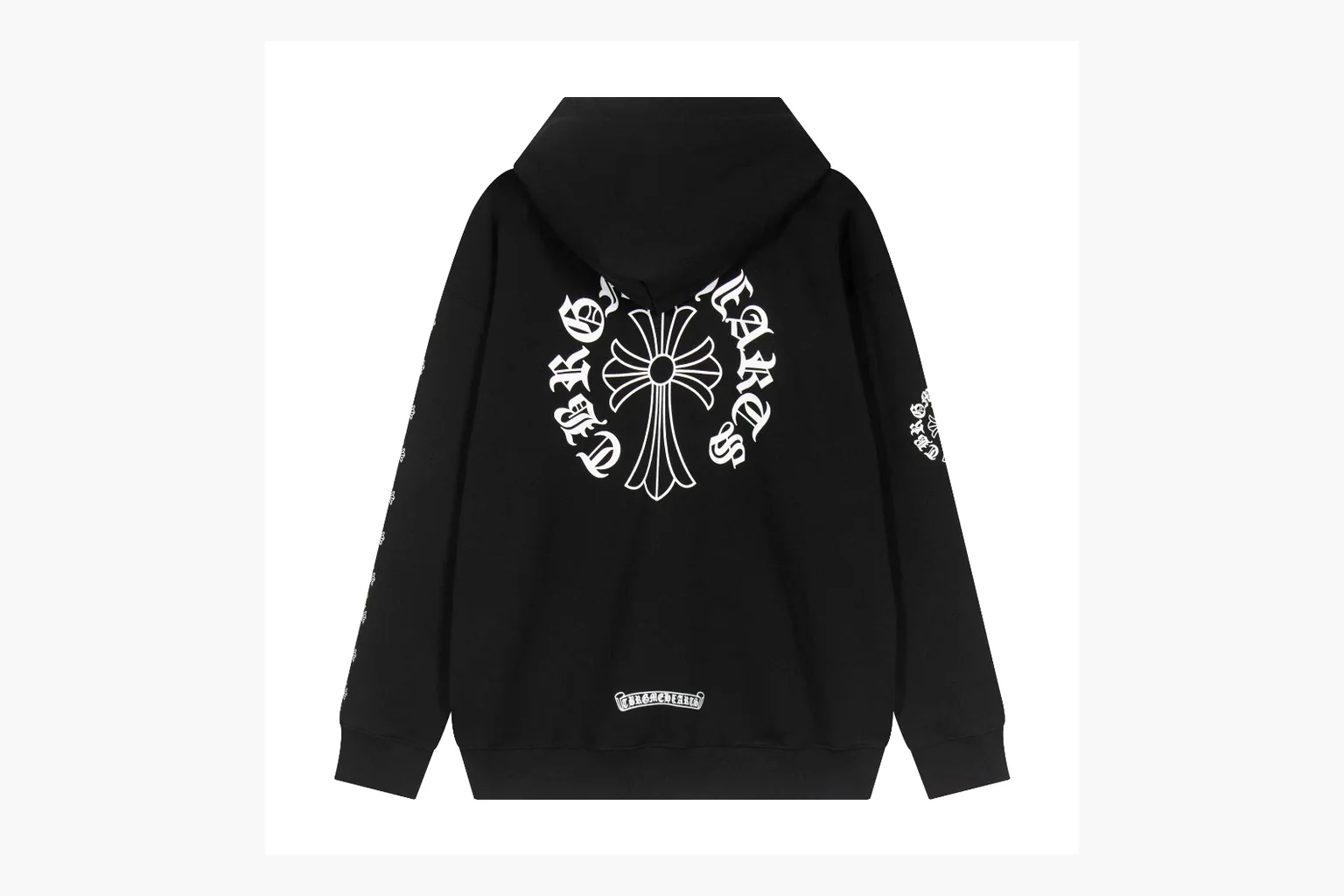 Chrome Hearts Cross Zip Hoodie Black shopping brief photo showing black cotton fleece zip hoodie, large back cross graphic, silver zipper pull, hood drawcords, and front pocket structure thumbnail 4