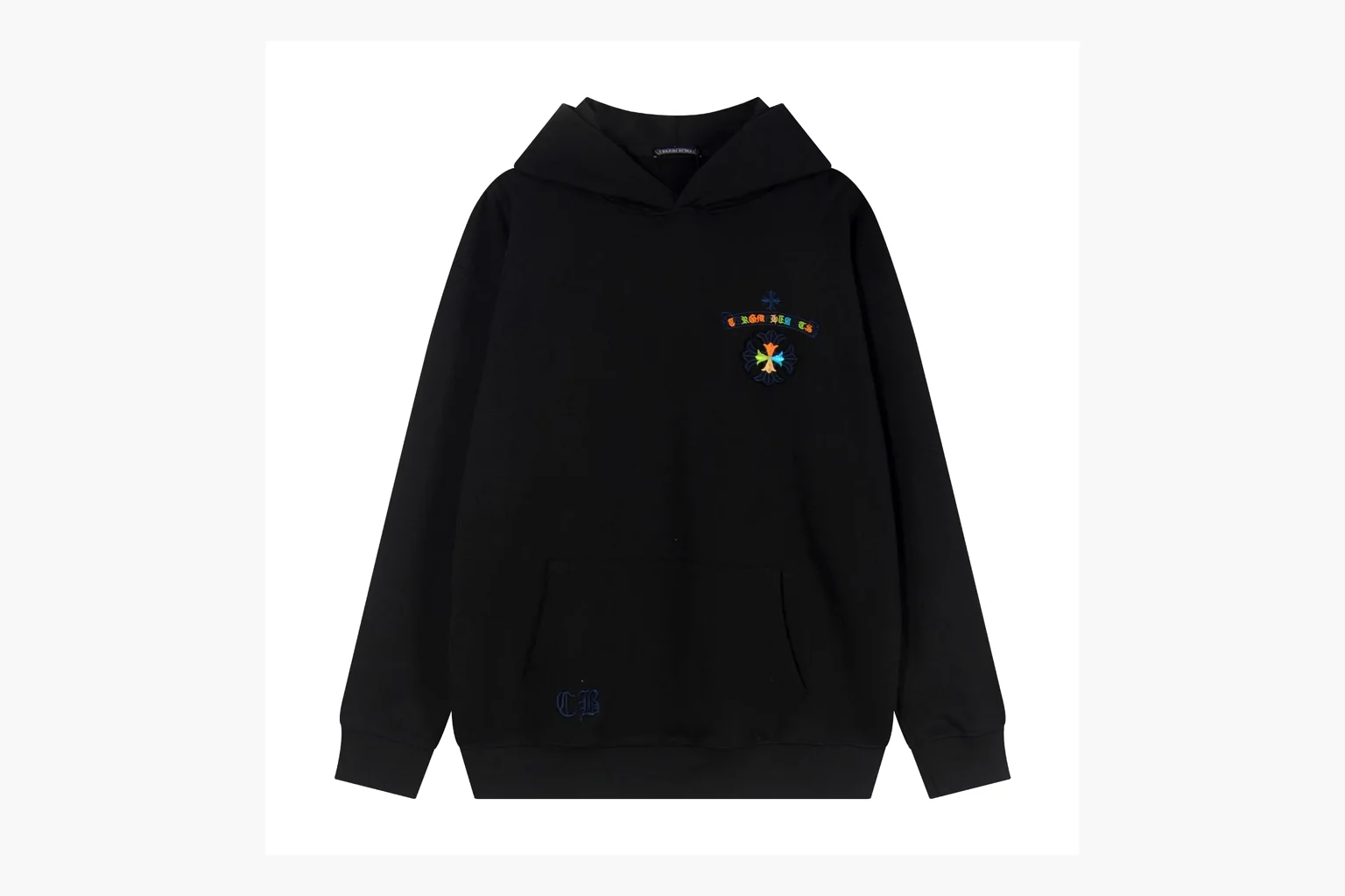 Chrome Hearts Rainbow Logo Hoodie Black shopping brief photo showing black cotton fleece pullover body, colorful back logo, hood detail, sleeve print, kangaroo pocket, and ribbed trim