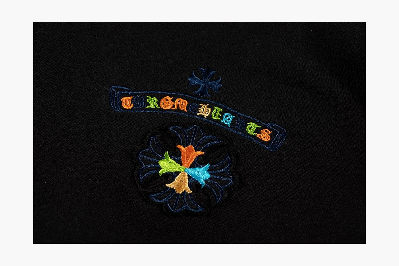 Chrome Hearts Rainbow Logo Hoodie Black shopping brief photo showing black cotton fleece pullover body, colorful back logo, hood detail, sleeve print, kangaroo pocket, and ribbed trim thumbnail 2