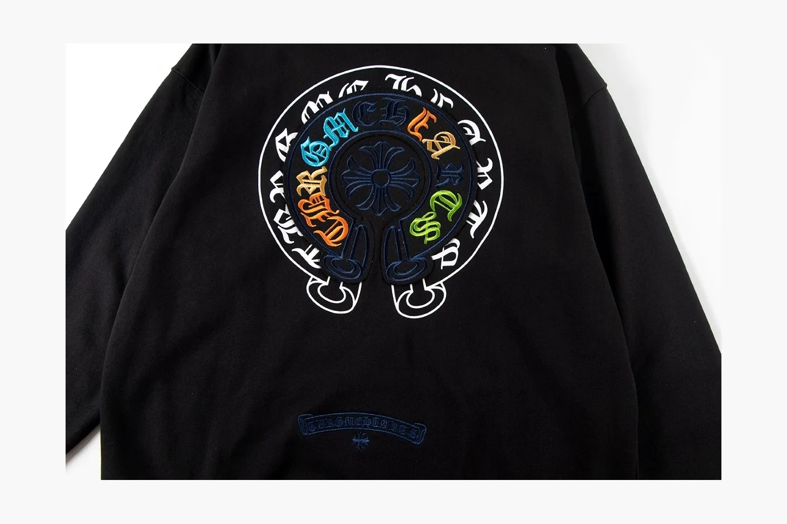 Chrome Hearts Rainbow Logo Hoodie Black shopping brief photo showing black cotton fleece pullover body, colorful back logo, hood detail, sleeve print, kangaroo pocket, and ribbed trim thumbnail 3