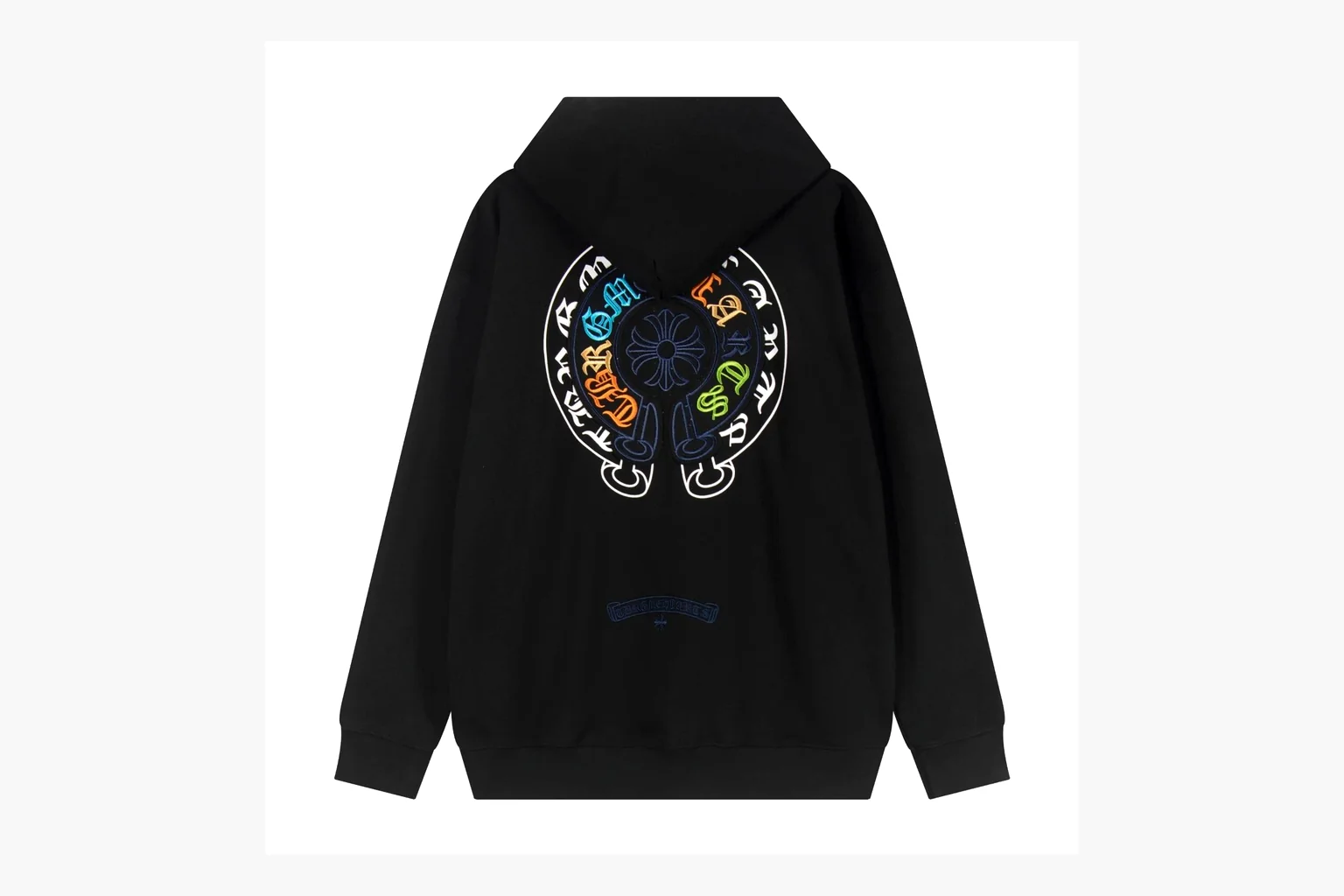 Chrome Hearts Rainbow Logo Hoodie Black shopping brief photo showing black cotton fleece pullover body, colorful back logo, hood detail, sleeve print, kangaroo pocket, and ribbed trim thumbnail 4