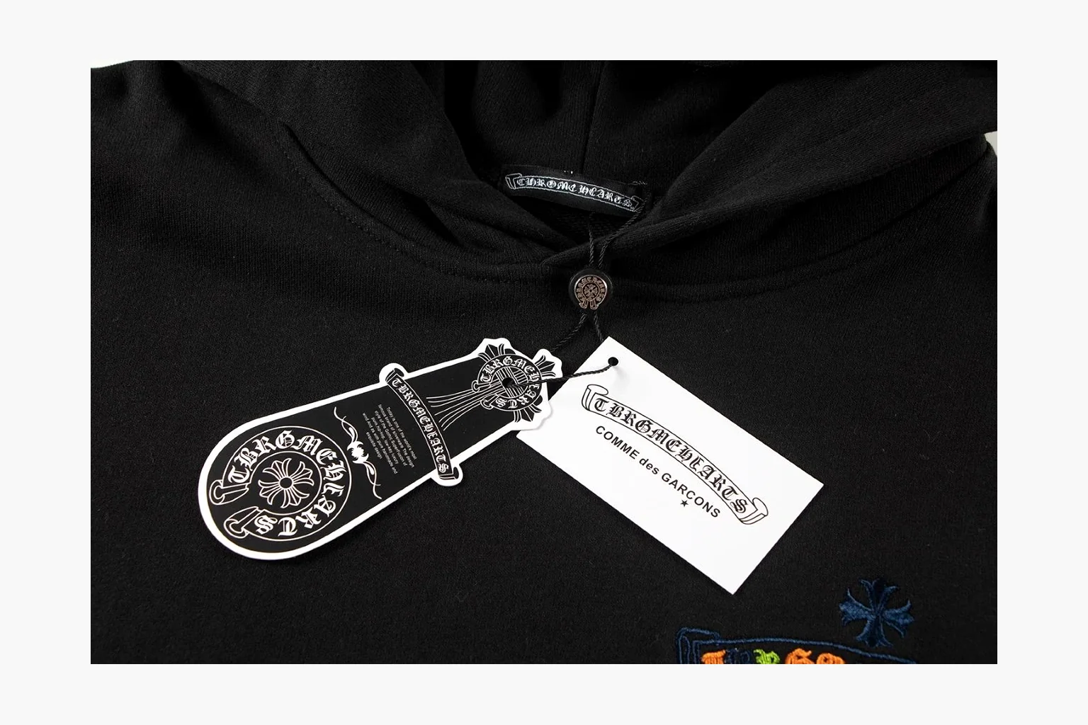 Chrome Hearts Rainbow Logo Hoodie Black shopping brief photo showing black cotton fleece pullover body, colorful back logo, hood detail, sleeve print, kangaroo pocket, and ribbed trim thumbnail 6
