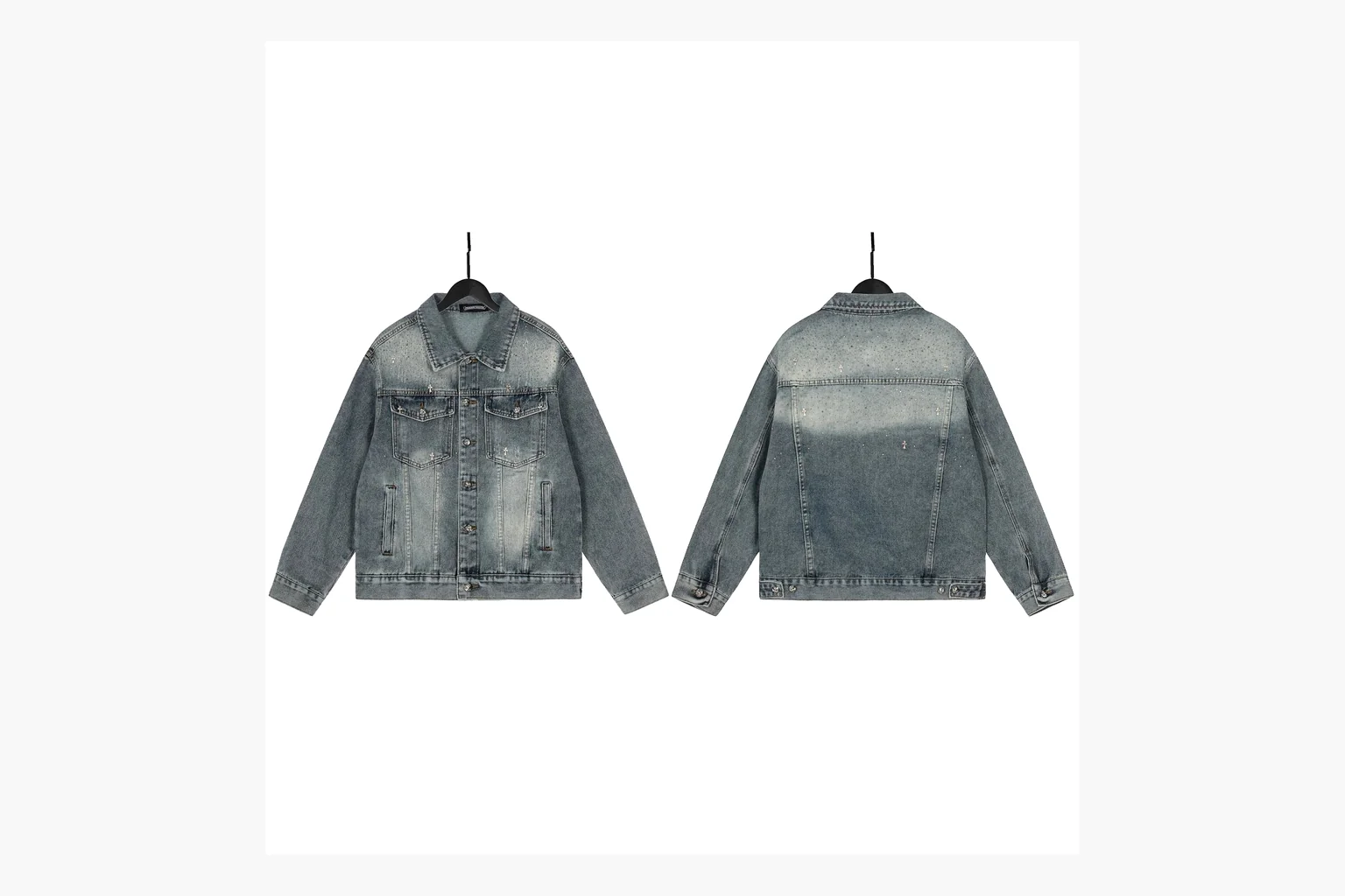 Chrome Hearts Rhinestone Denim Jacket Blue shopping brief photo showing washed blue denim jacket body, rhinestone cross pattern, button pockets, collar panels, metal hardware, and structured trucker shape