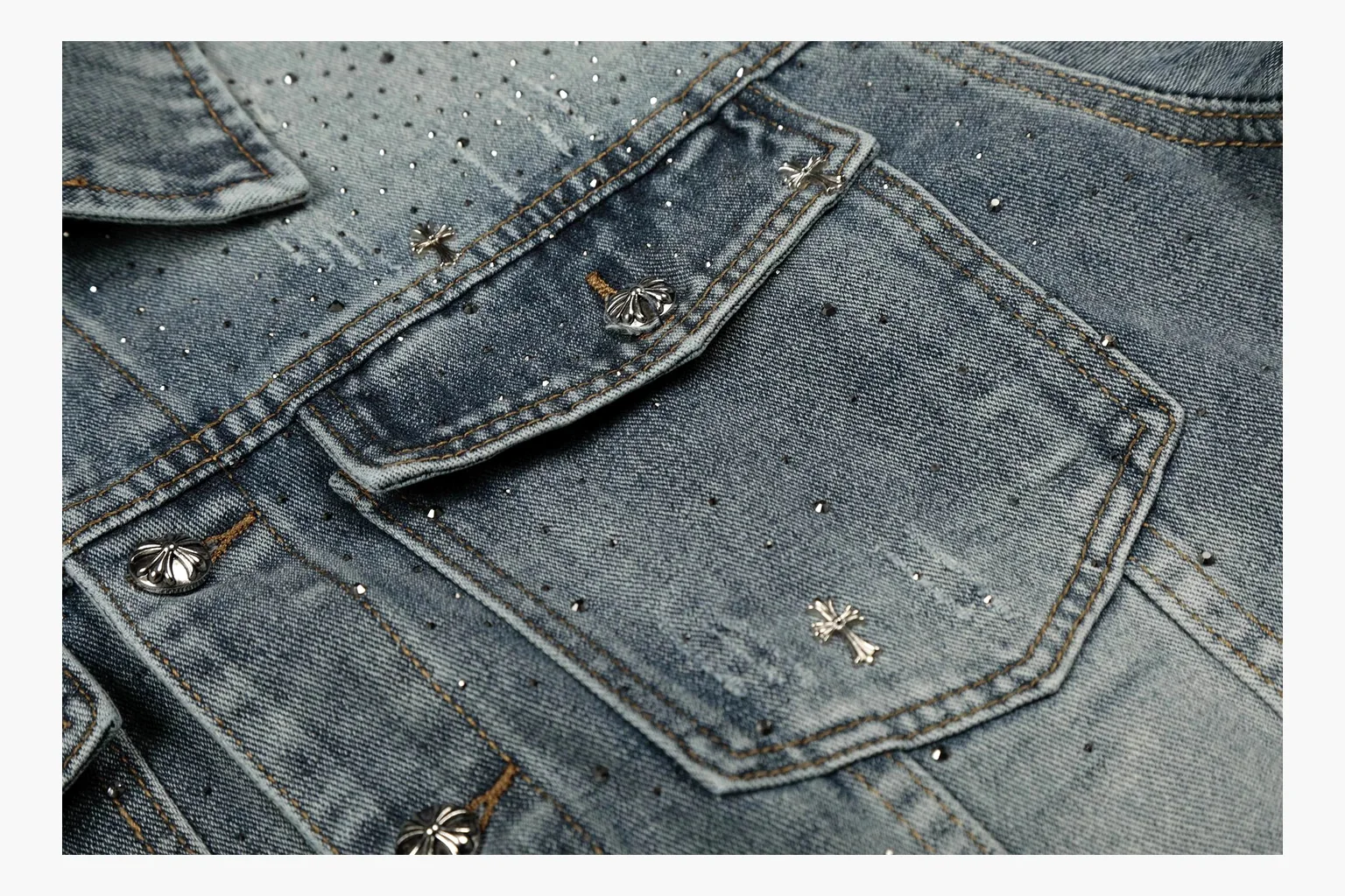 Chrome Hearts Rhinestone Denim Jacket Blue shopping brief photo showing washed blue denim jacket body, rhinestone cross pattern, button pockets, collar panels, metal hardware, and structured trucker shape thumbnail 3