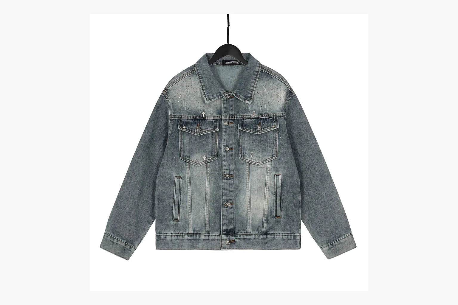 Chrome Hearts Rhinestone Denim Jacket Blue shopping brief photo showing washed blue denim jacket body, rhinestone cross pattern, button pockets, collar panels, metal hardware, and structured trucker shape thumbnail 4