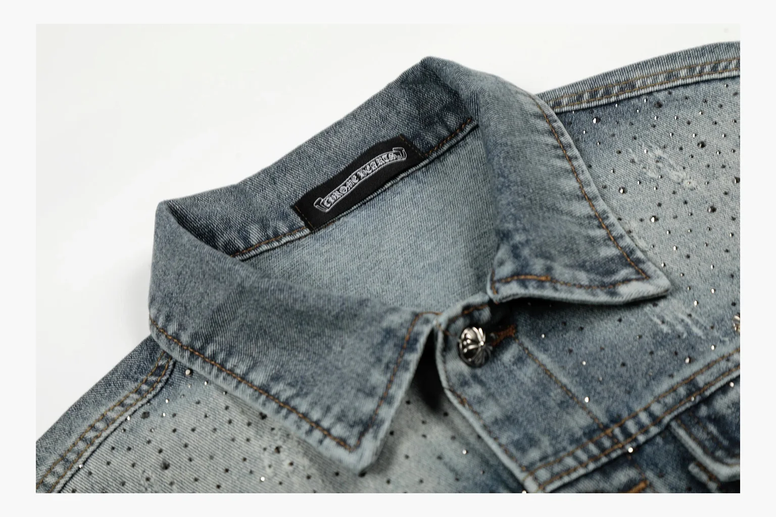 Chrome Hearts Rhinestone Denim Jacket Blue shopping brief photo showing washed blue denim jacket body, rhinestone cross pattern, button pockets, collar panels, metal hardware, and structured trucker shape thumbnail 5