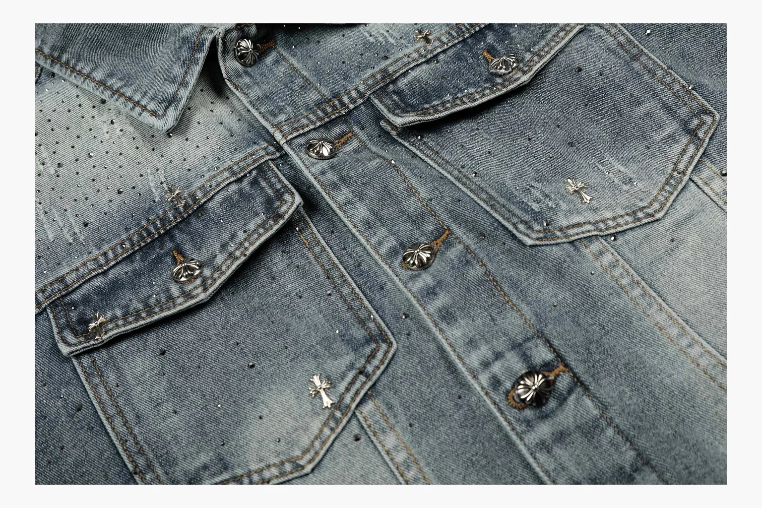 Chrome Hearts Rhinestone Denim Jacket Blue shopping brief photo showing washed blue denim jacket body, rhinestone cross pattern, button pockets, collar panels, metal hardware, and structured trucker shape thumbnail 6