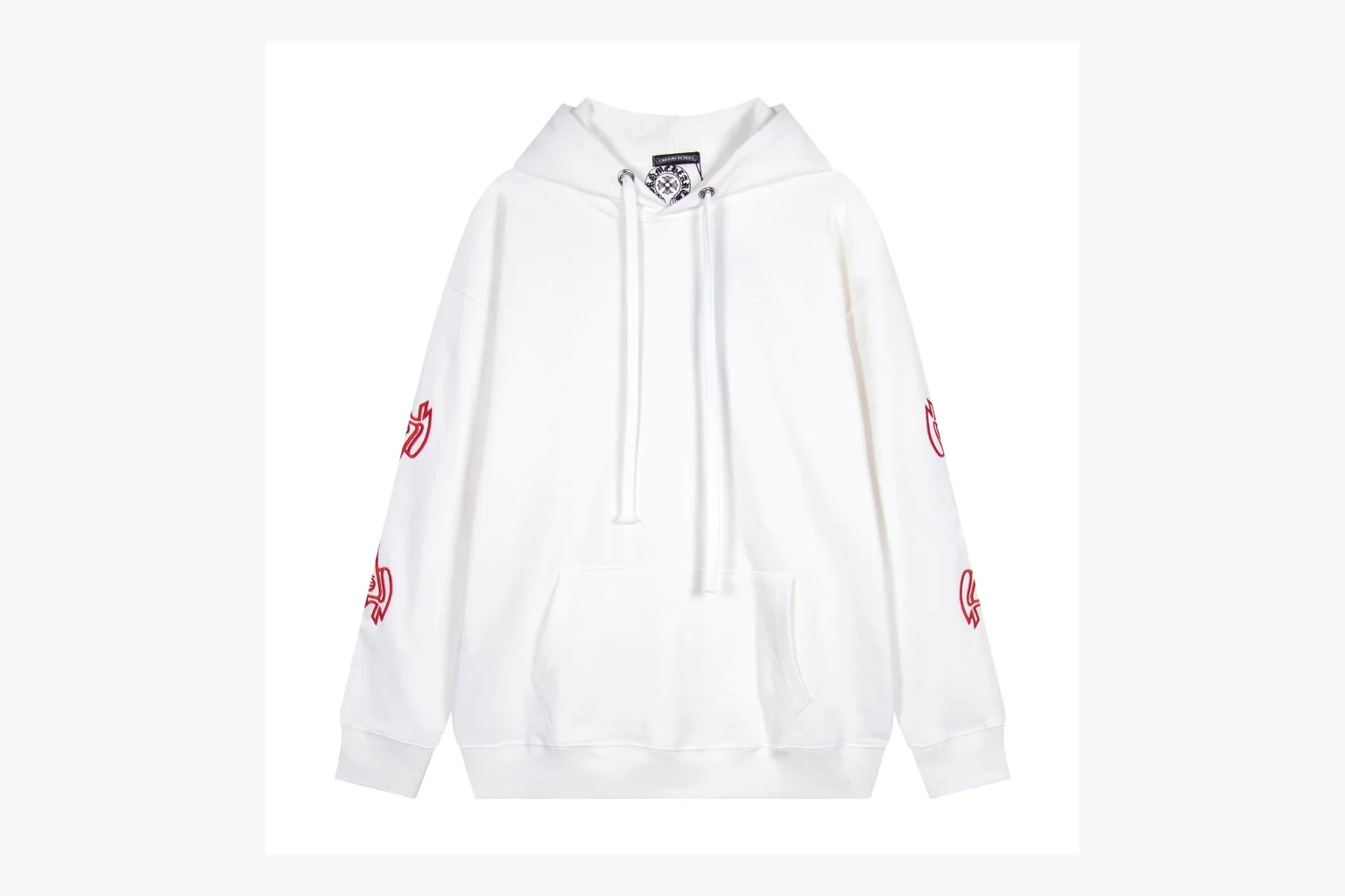 Chrome Hearts White Cross Zip Hoodie shopping brief photo showing white cotton fleece zip hoodie, cross back artwork, drawcord hood, sleeve print, front zipper, and ribbed trim