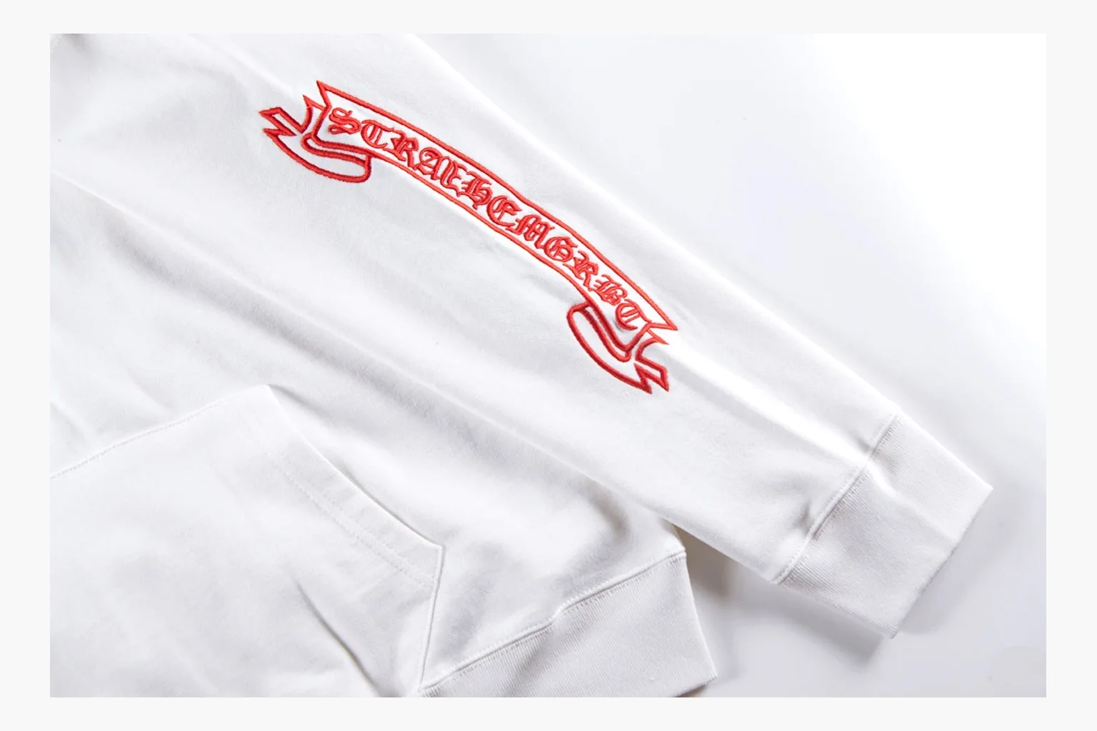 Chrome Hearts White Cross Zip Hoodie shopping brief photo showing white cotton fleece zip hoodie, cross back artwork, drawcord hood, sleeve print, front zipper, and ribbed trim thumbnail 3