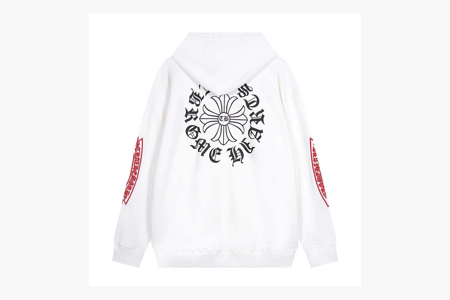 Chrome Hearts White Cross Zip Hoodie shopping brief photo showing white cotton fleece zip hoodie, cross back artwork, drawcord hood, sleeve print, front zipper, and ribbed trim thumbnail 4