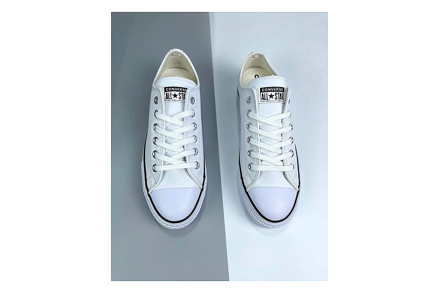 Converse All Star Lift White Platform Low Top shopping brief photo showing white smooth low-top upper, silver eyelets, black foxing stripes, and elevated platform rubber sole thumbnail 5