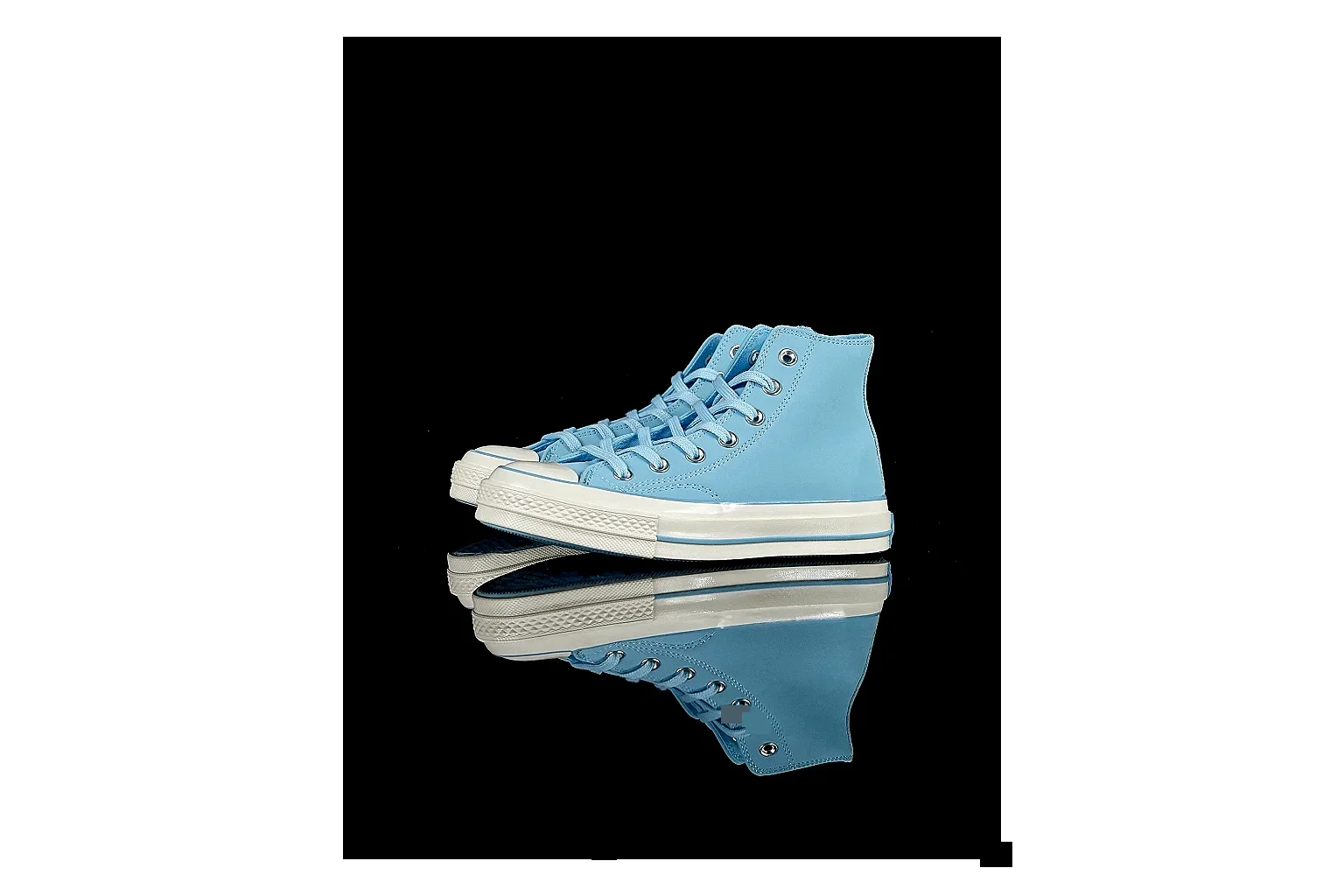 Converse Chuck 70 Light Blue High Top shopping brief photo showing light blue canvas upper, silver eyelets, off-white rubber toe cap, and vintage high-top sole
