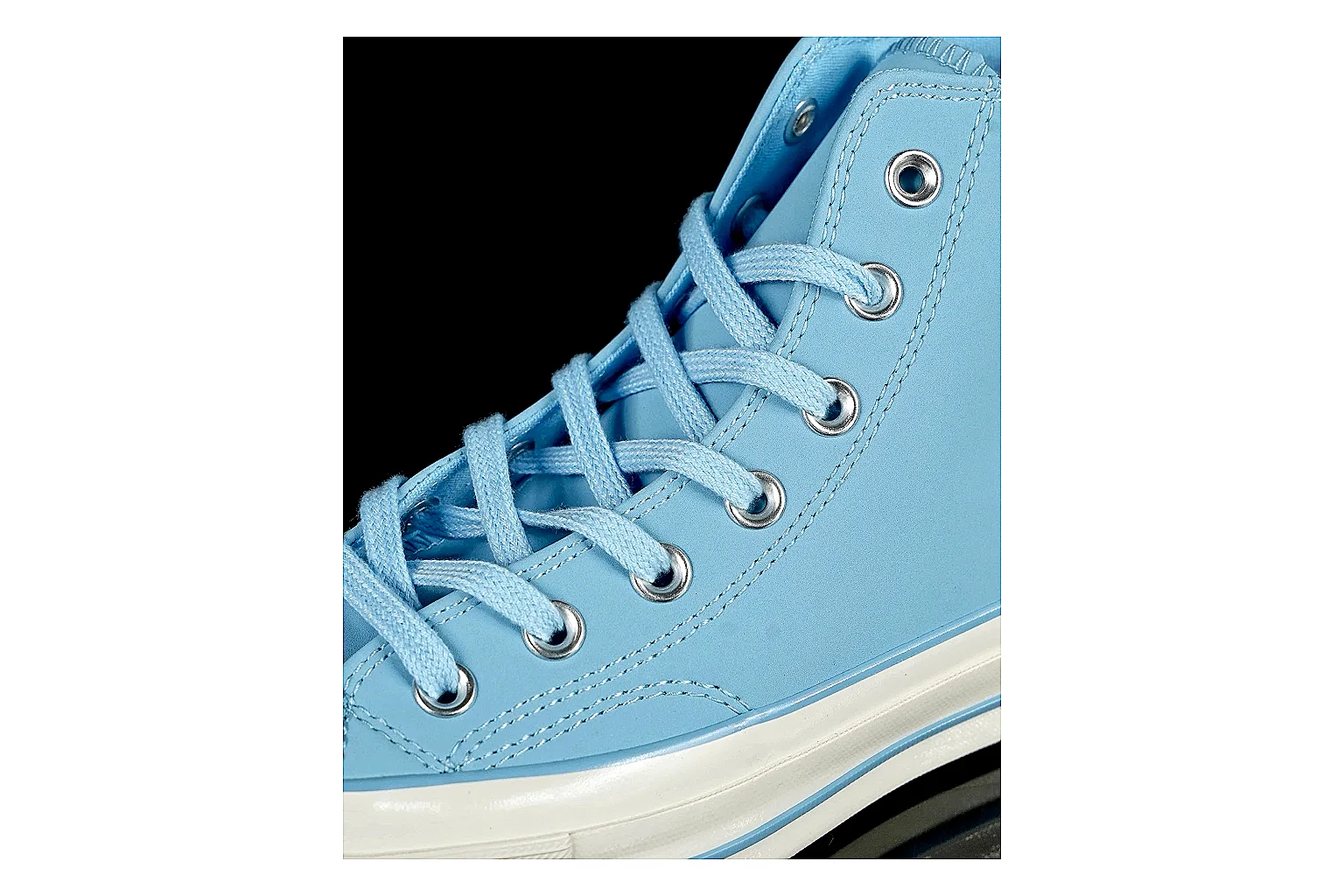 Converse Chuck 70 Light Blue High Top shopping brief photo showing light blue canvas upper, silver eyelets, off-white rubber toe cap, and vintage high-top sole thumbnail 3